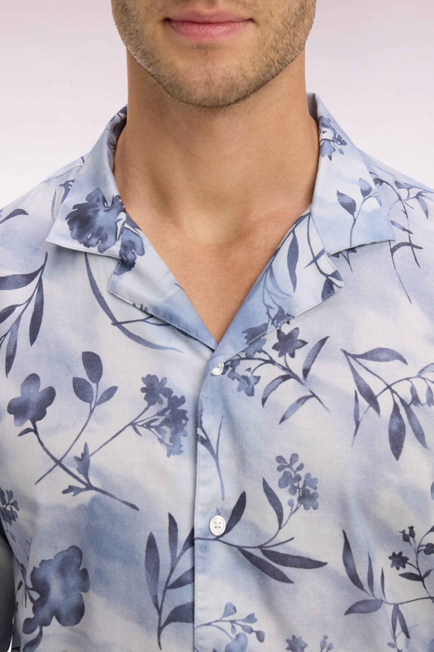 Chemise à manches courtes en lyocell et coton imprimé floral ciel