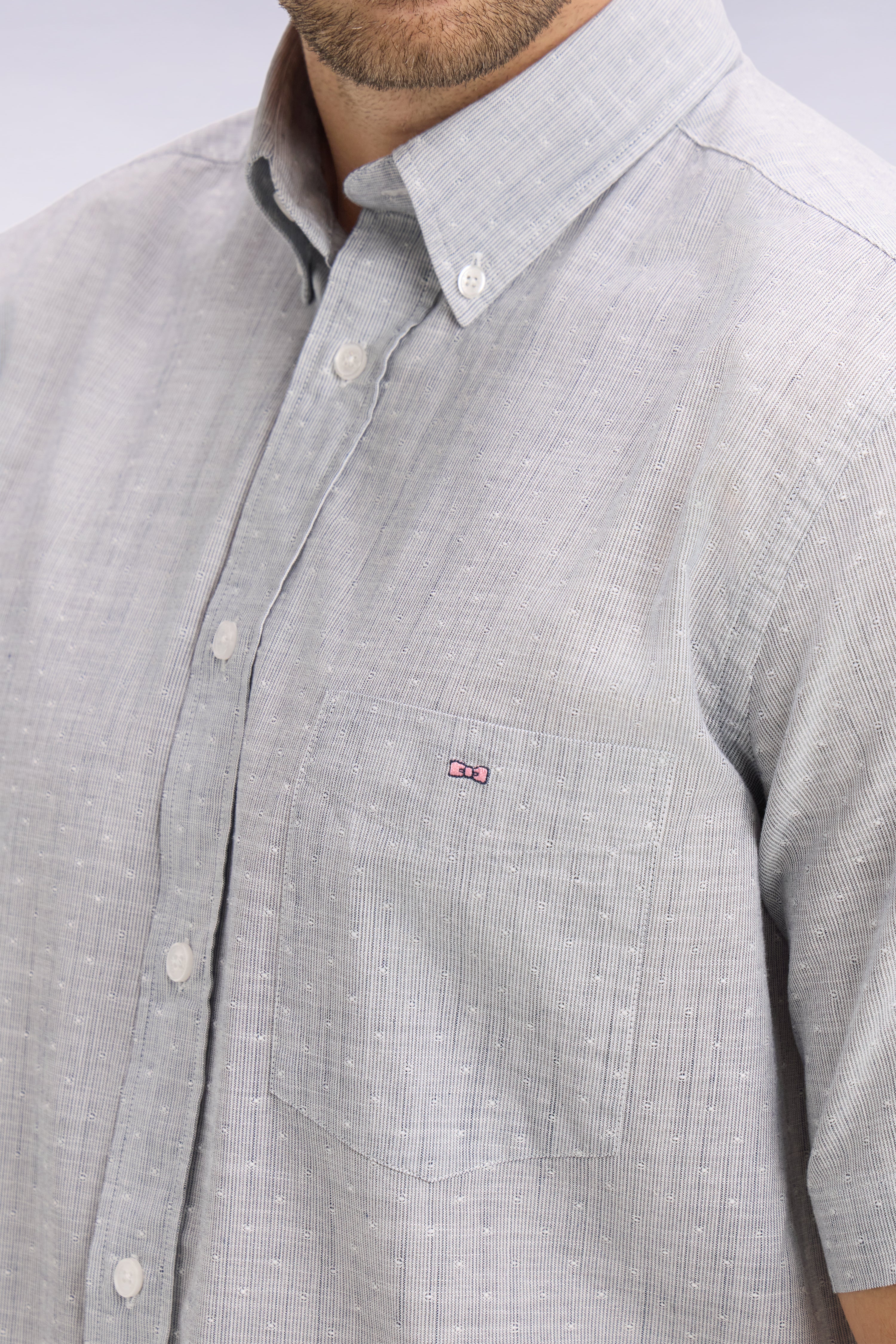 Chemise à manches courtes en coton jacquard rayé marine