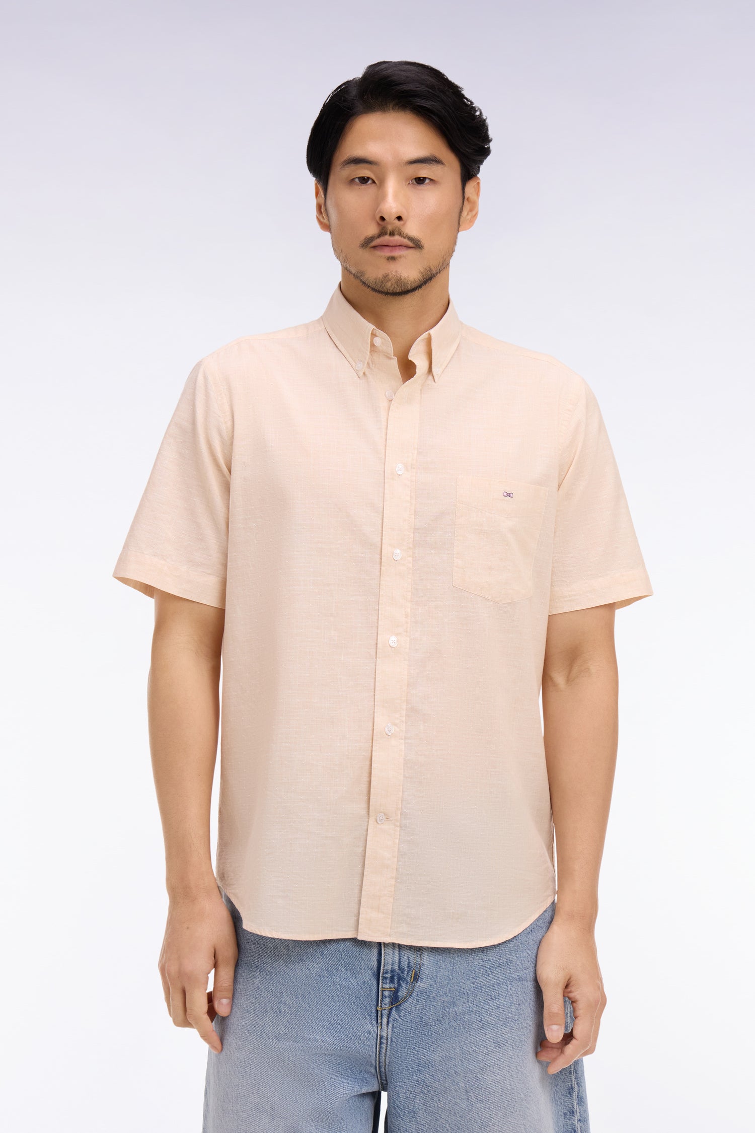 Chemise à manches courtes en coton jacquard rayé beige