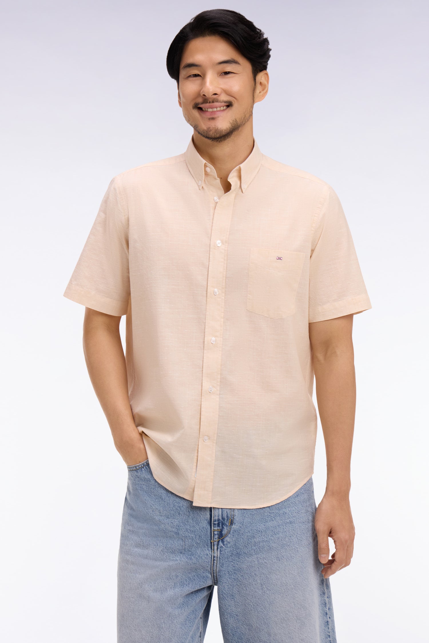 Chemise à manches courtes en coton jacquard rayé beige