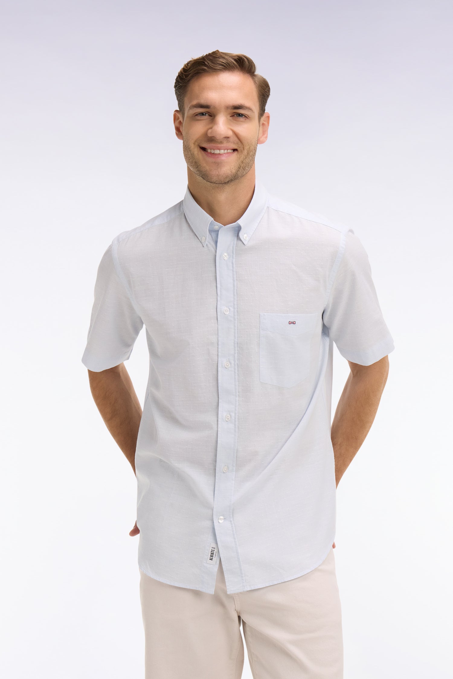 Chemise à manches courtes en coton jacquard rayé bleu ciel