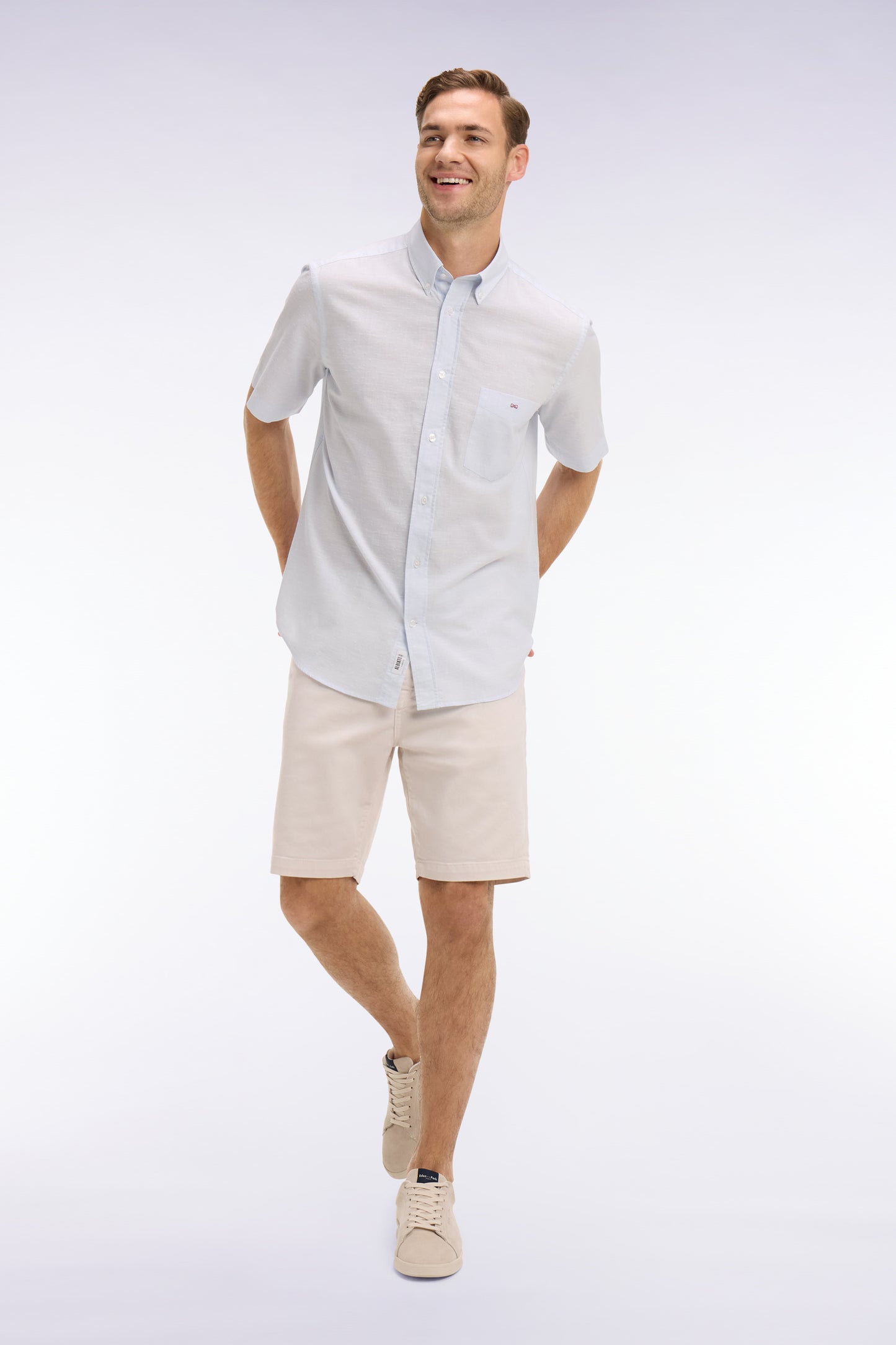 Chemise à manches courtes en coton jacquard rayé bleu ciel