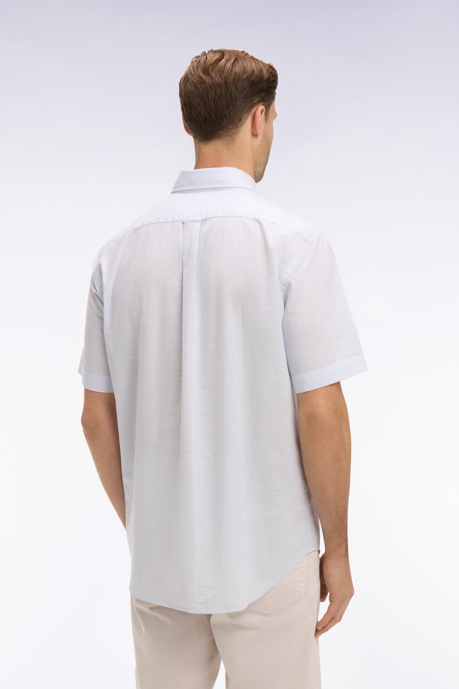 Chemise à manches courtes en coton jacquard rayé bleu ciel