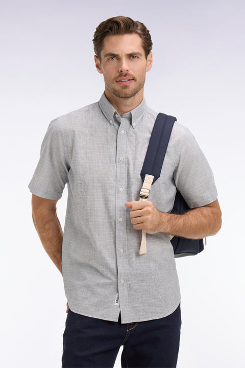 Chemise à manches courtes en coton jacquard rayé marine - Image 3