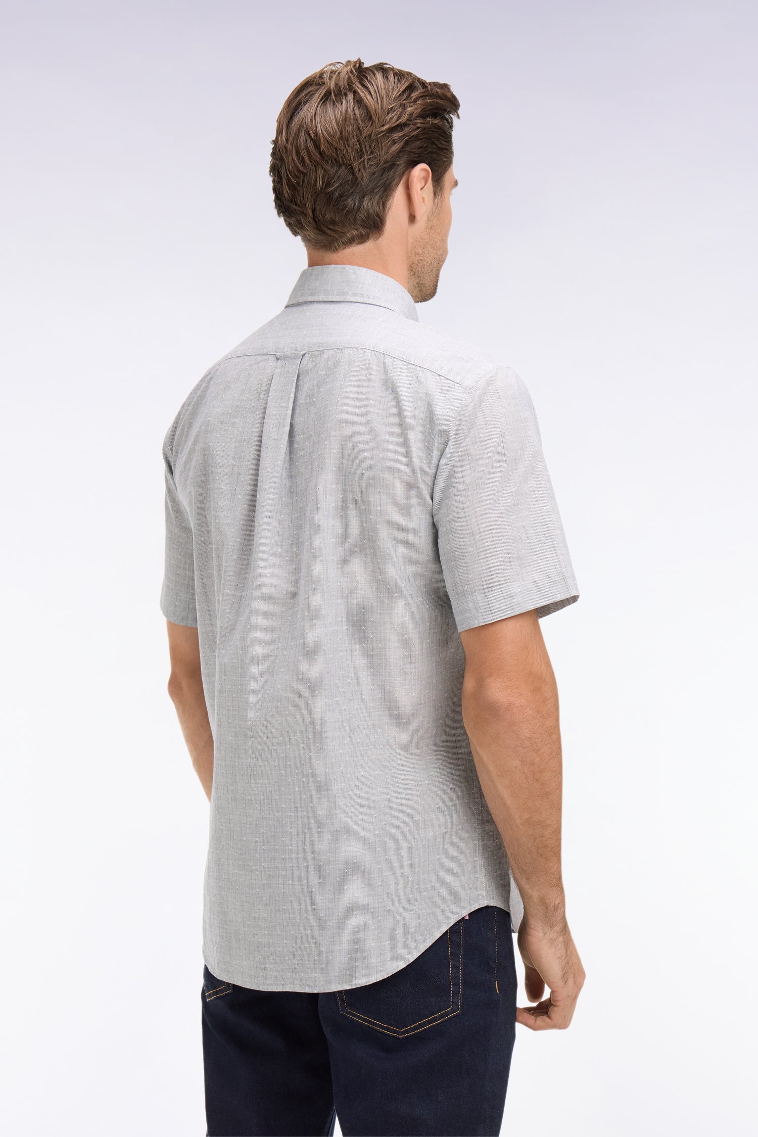 Chemise à manches courtes en coton jacquard rayé marine