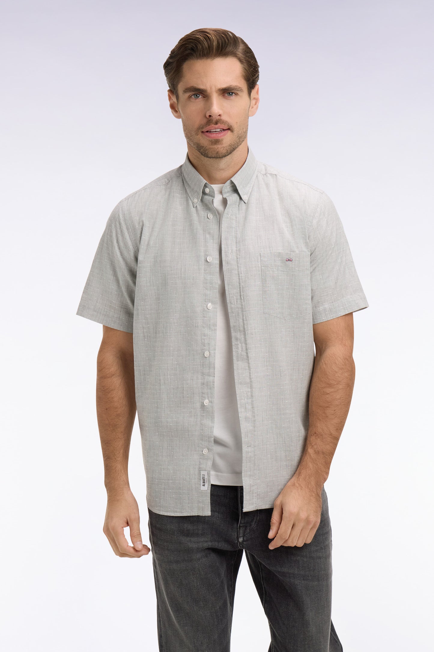 Chemise à manches courtes en coton jacquard rayé kaki