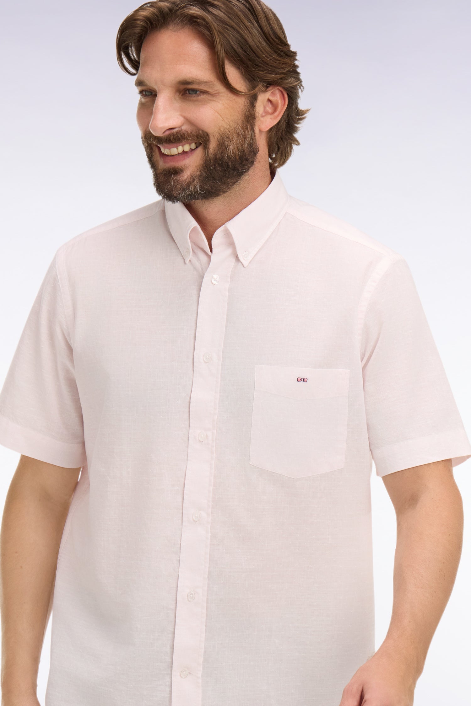 Chemise à manches courtes en coton jacquard rayé rose