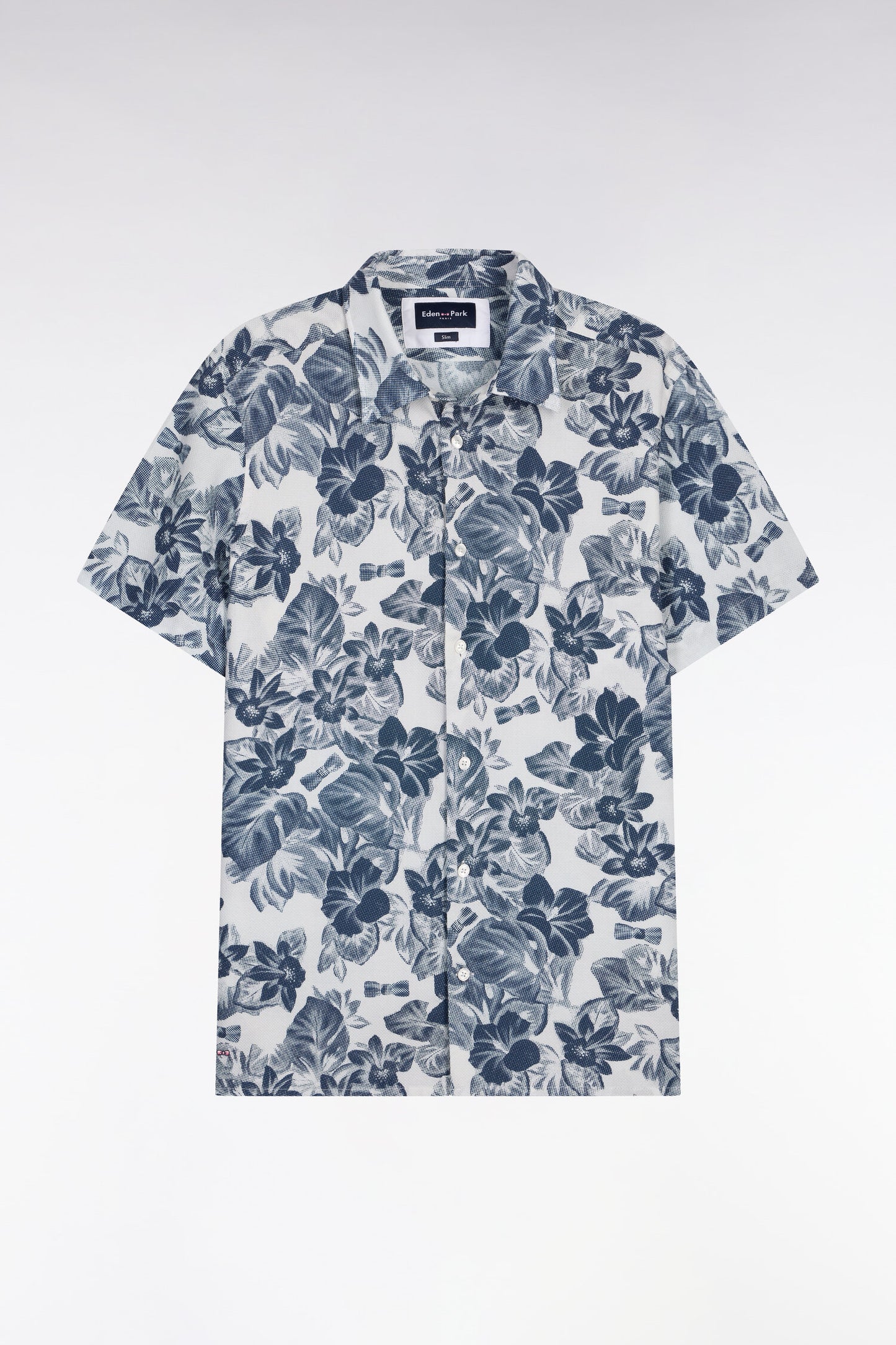 Short-sleeved slim-fit navy floral cotton piqué shirt