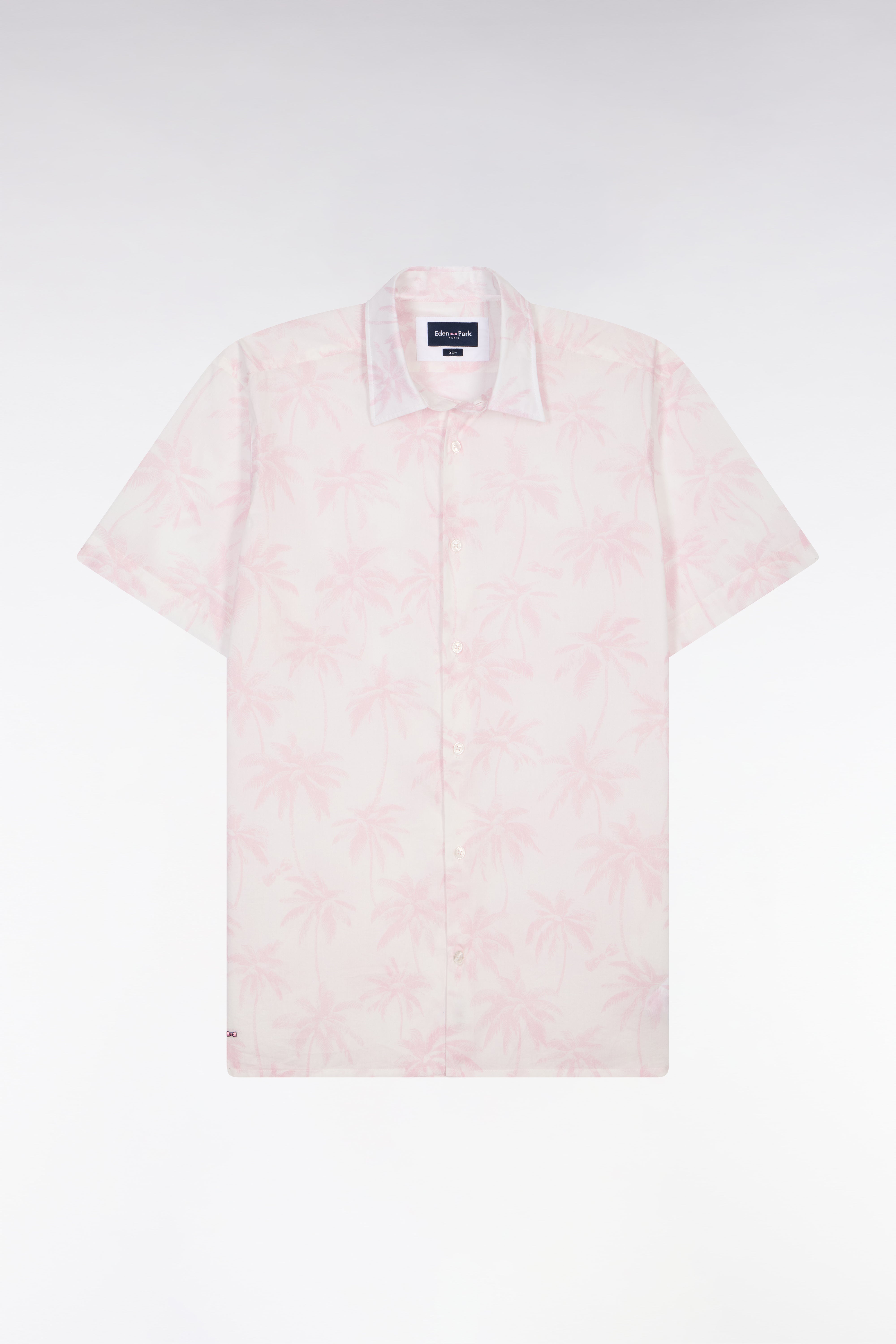 Chemise à manches courtes en coton rose imprimé palmiers coupe slim