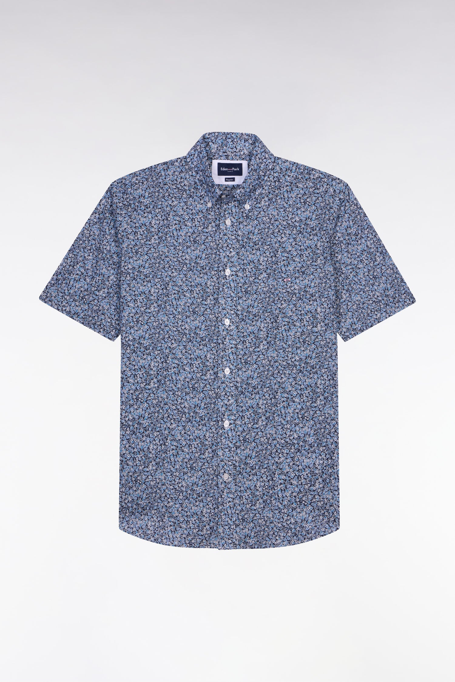 Chemise à manches courtes en coton bleu à micromotif floral