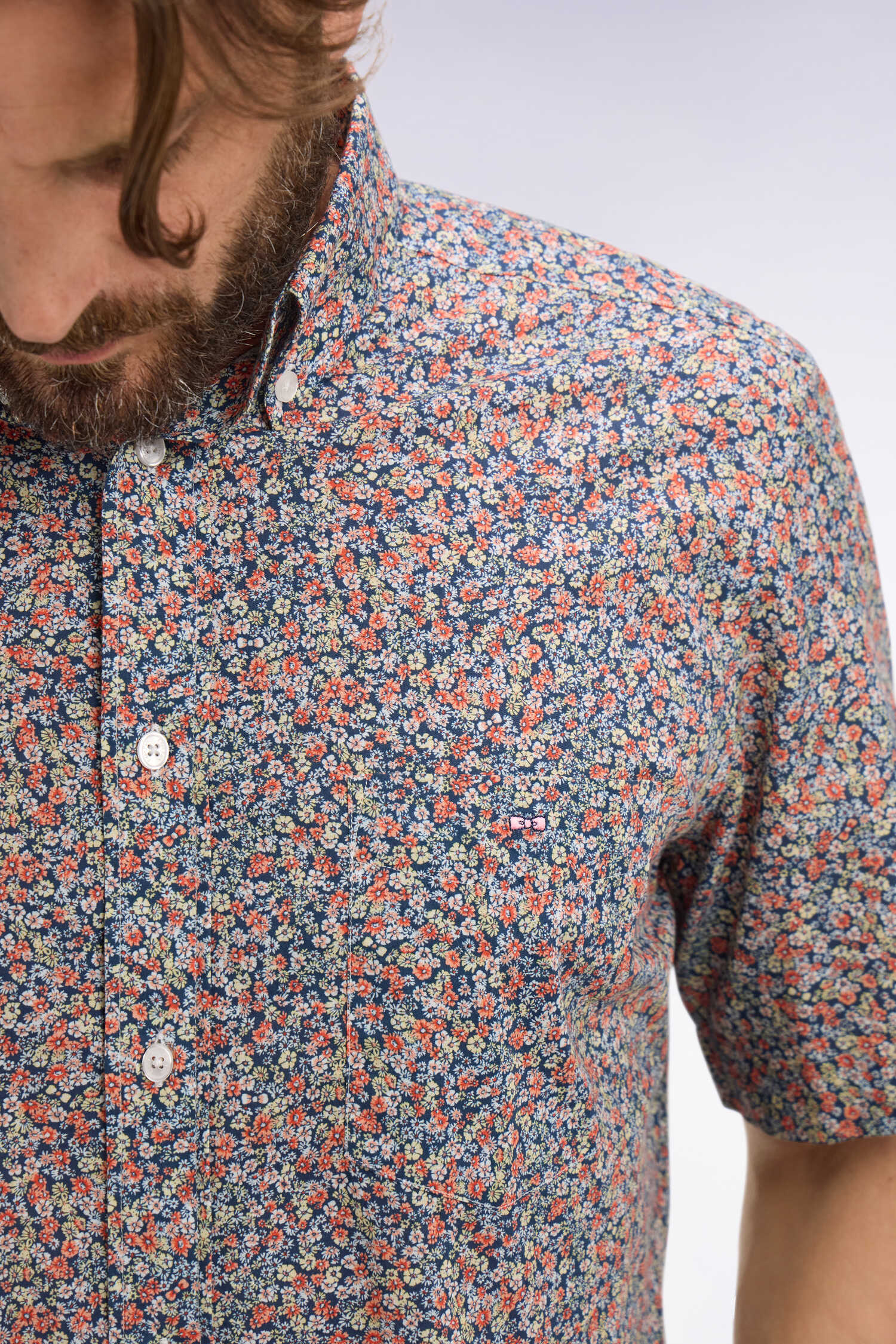 Chemise à manches courtes en coton orange à micromotif floral
