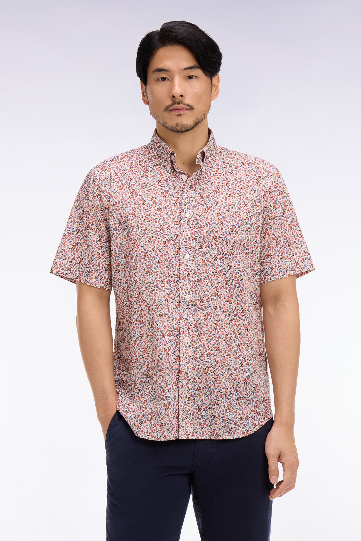Chemise à manches courtes en coton à micromotif floral multicolore