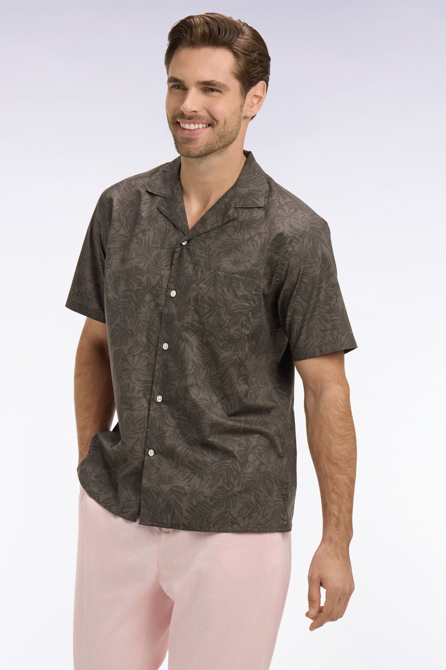 Chemise à manches courtes en coton Pima kaki imprimé végétal