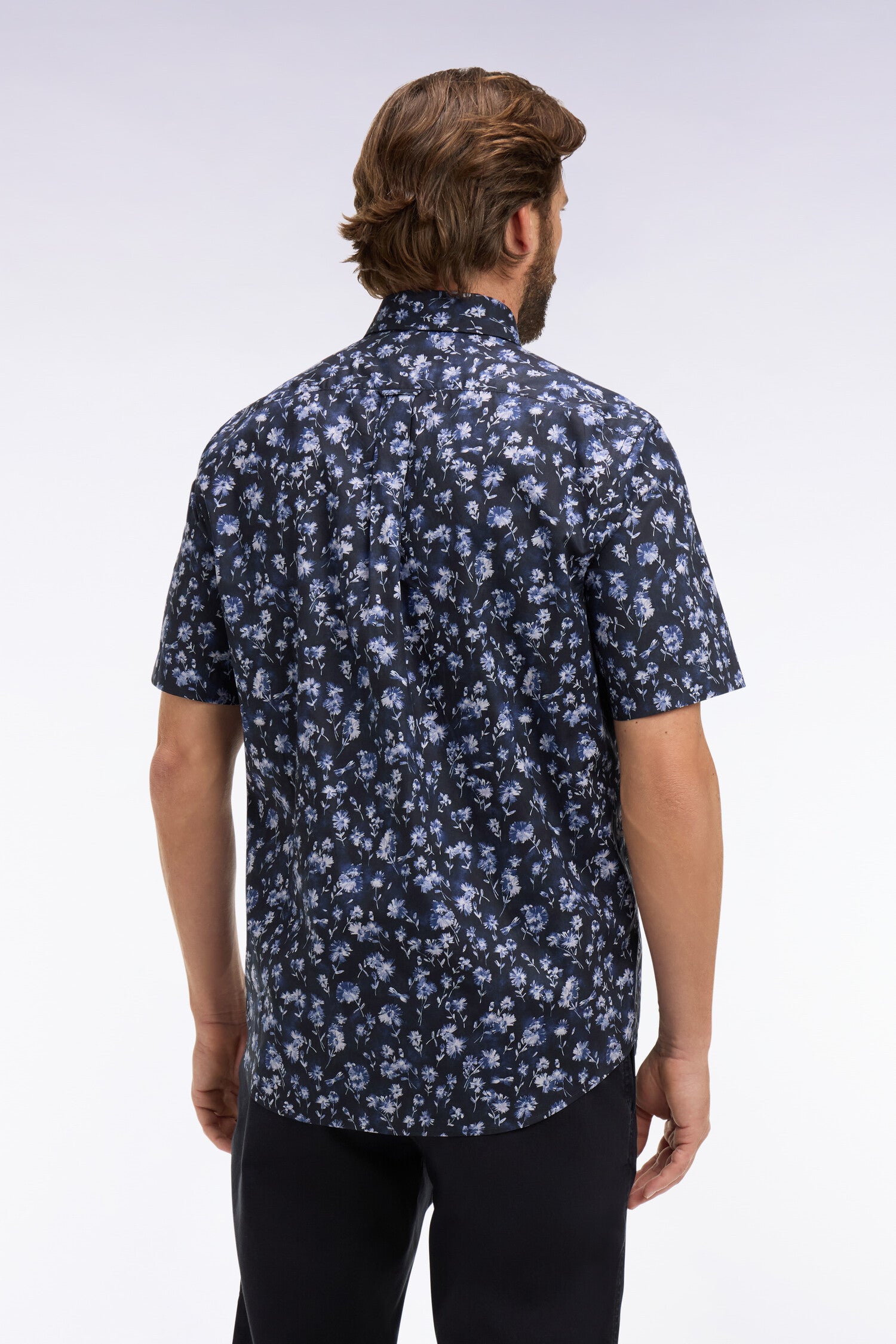 Chemise à manches courtes en coton Pima marine à motif floral