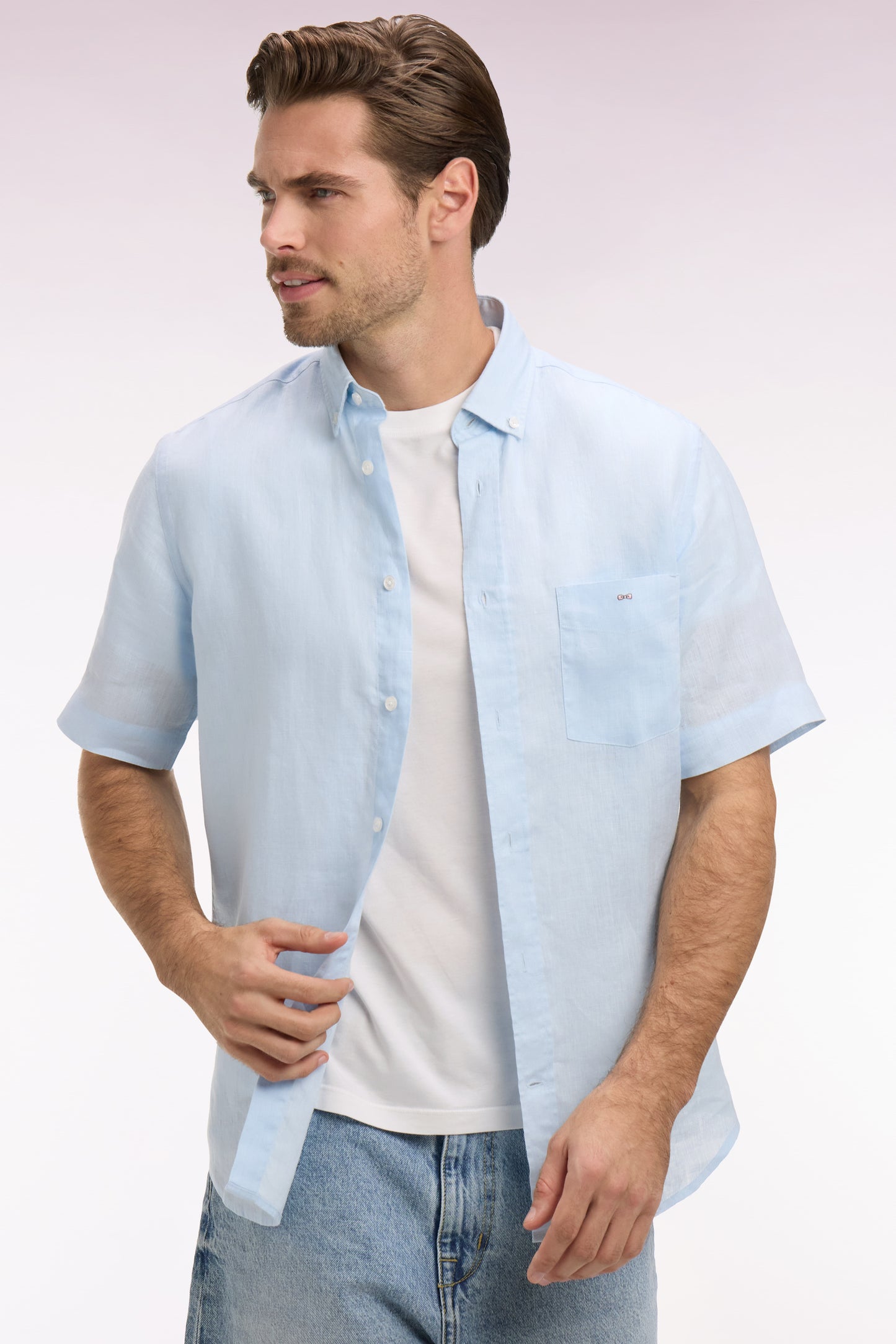 Chemise à manches courtes en lin ciel