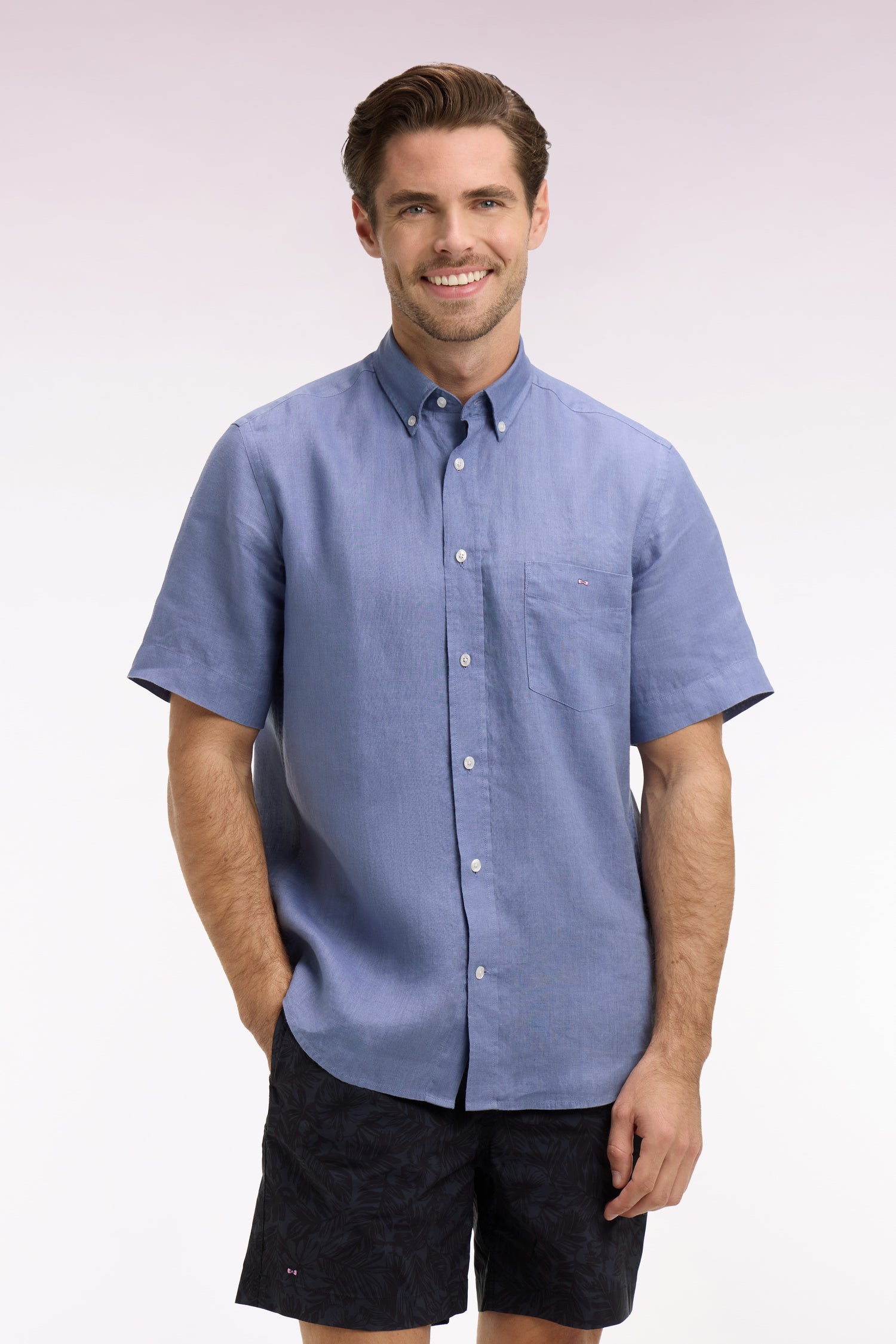 Chemise à manches courtes en lin bleu