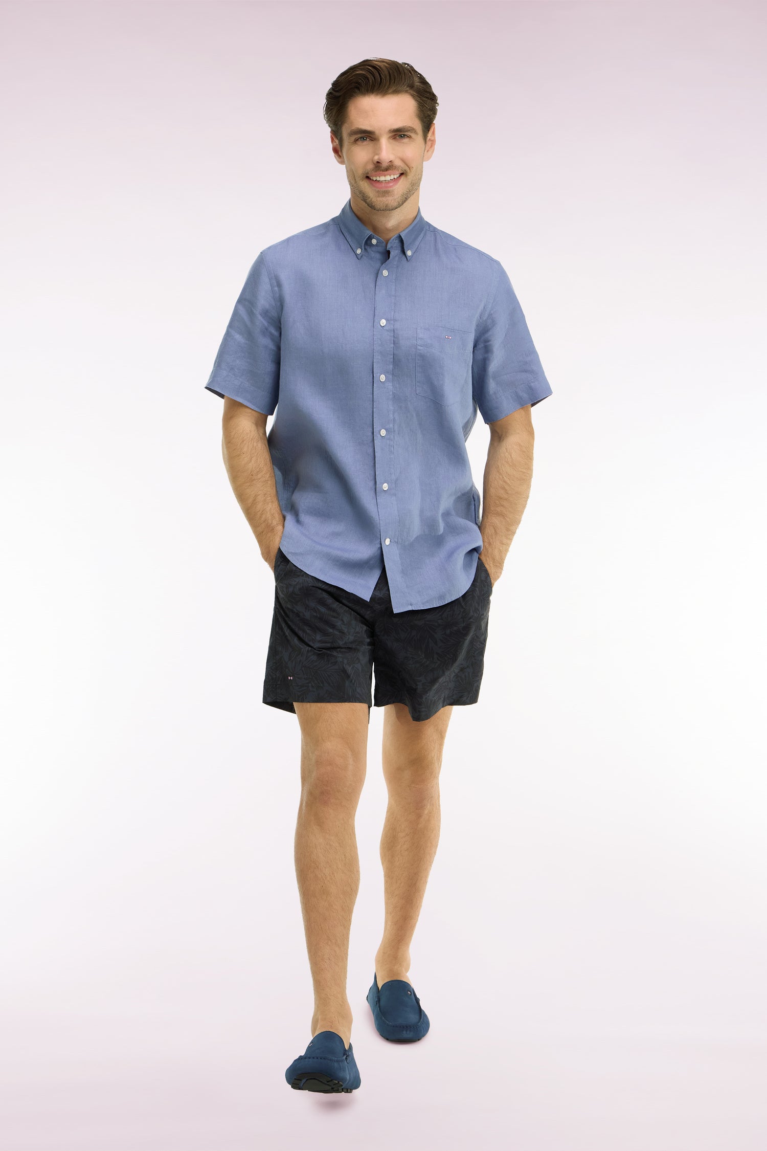Chemise à manches courtes en lin bleu