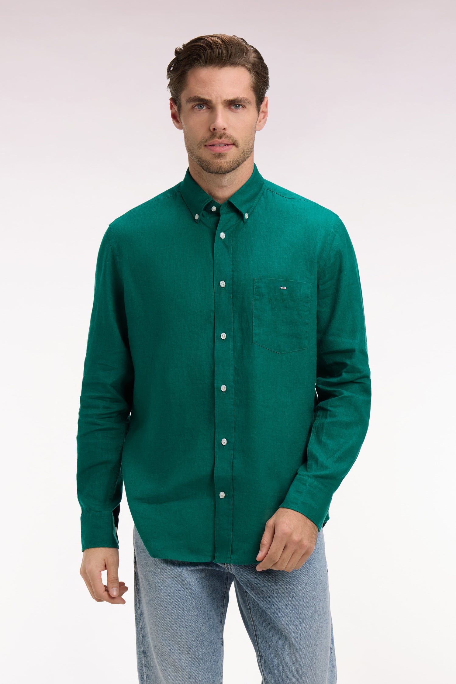 Chemise droite en lin vert menthe