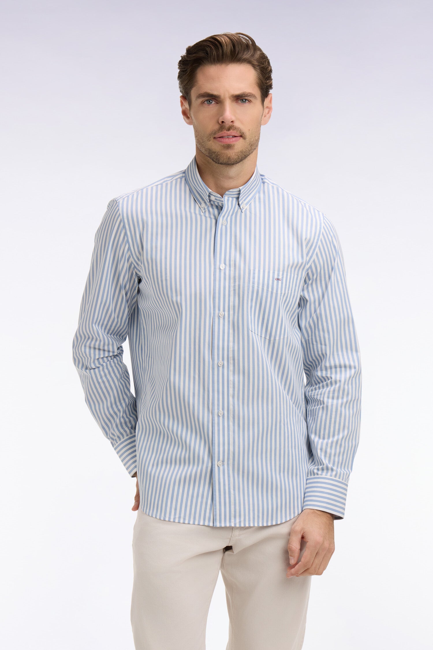 camisa en algodón azul a rayas bâtons