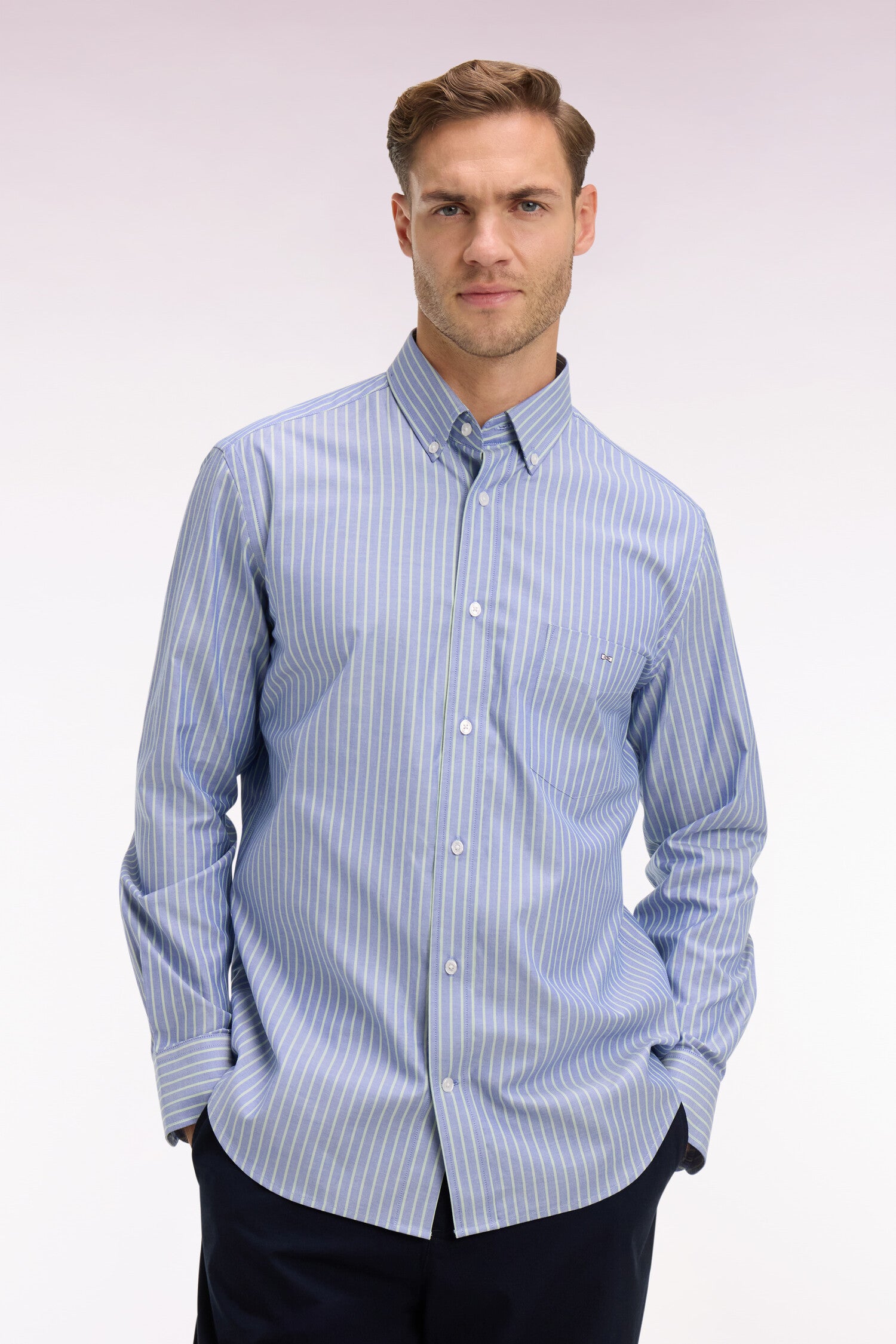 camicia in cotone pinpoint a righe verde acqua vestibilità Regular