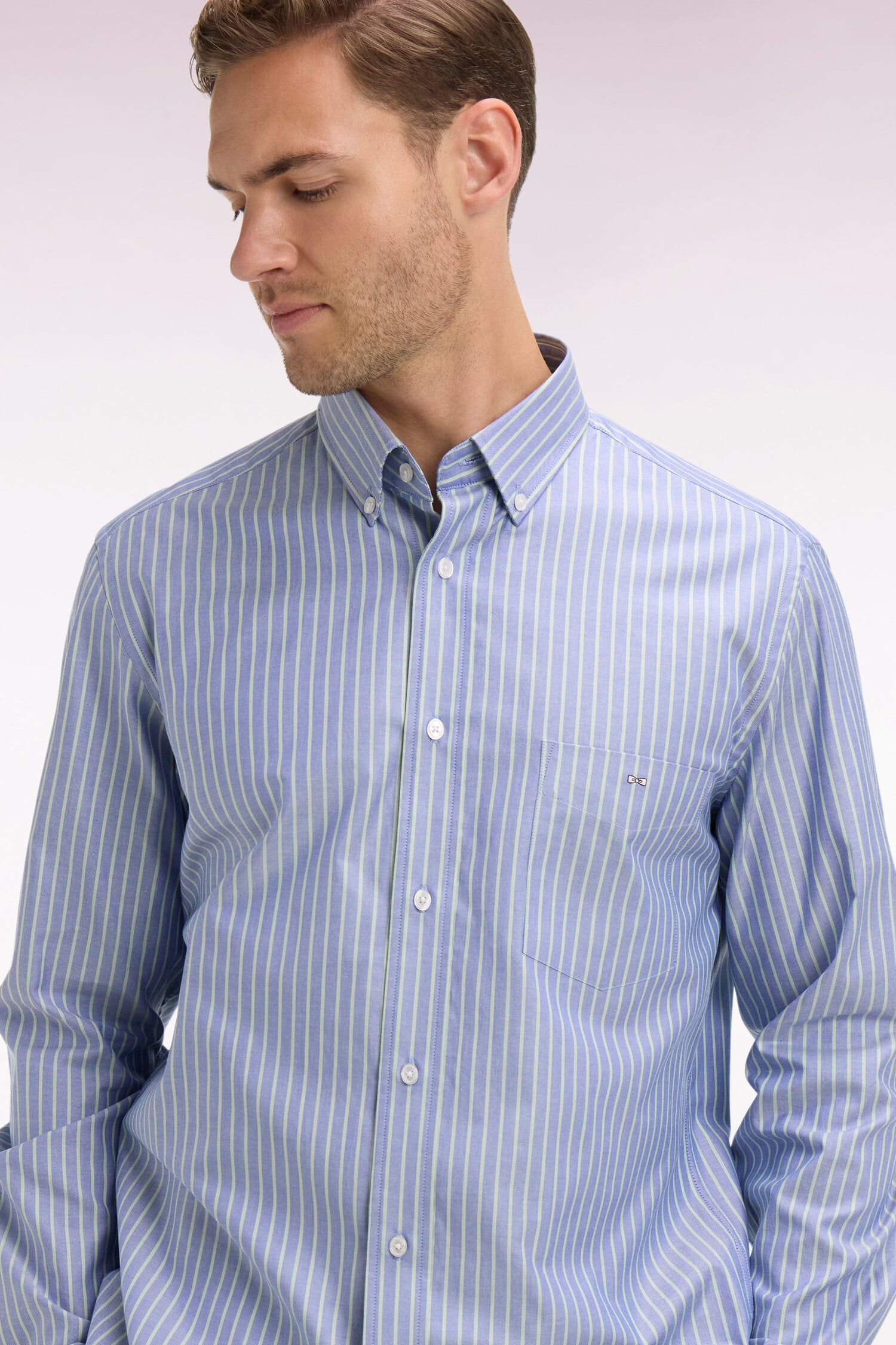 camicia in cotone pinpoint a righe verde acqua vestibilità Regular