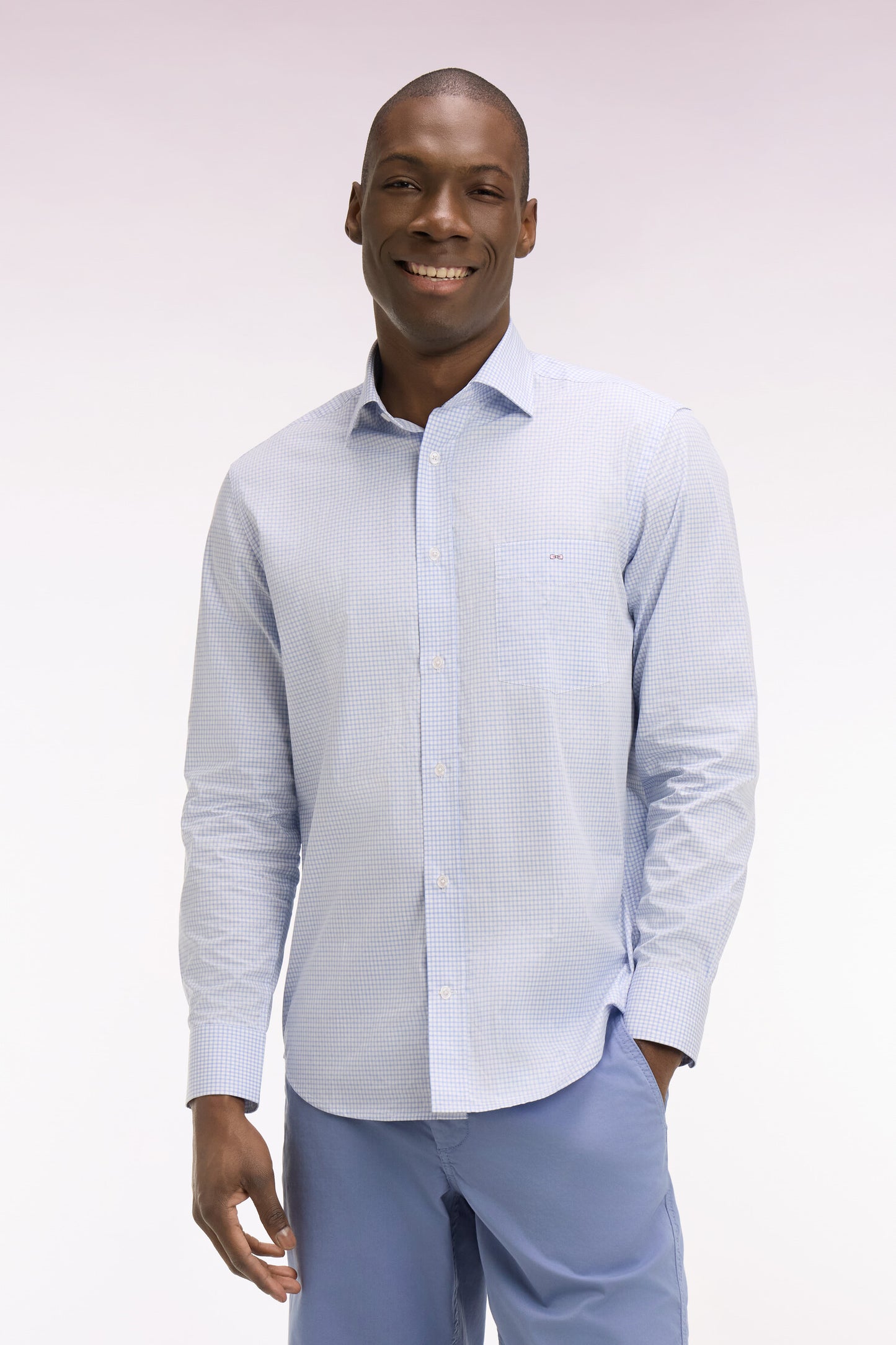 Chemise en coton dobby à carreaux ciel coupe regular