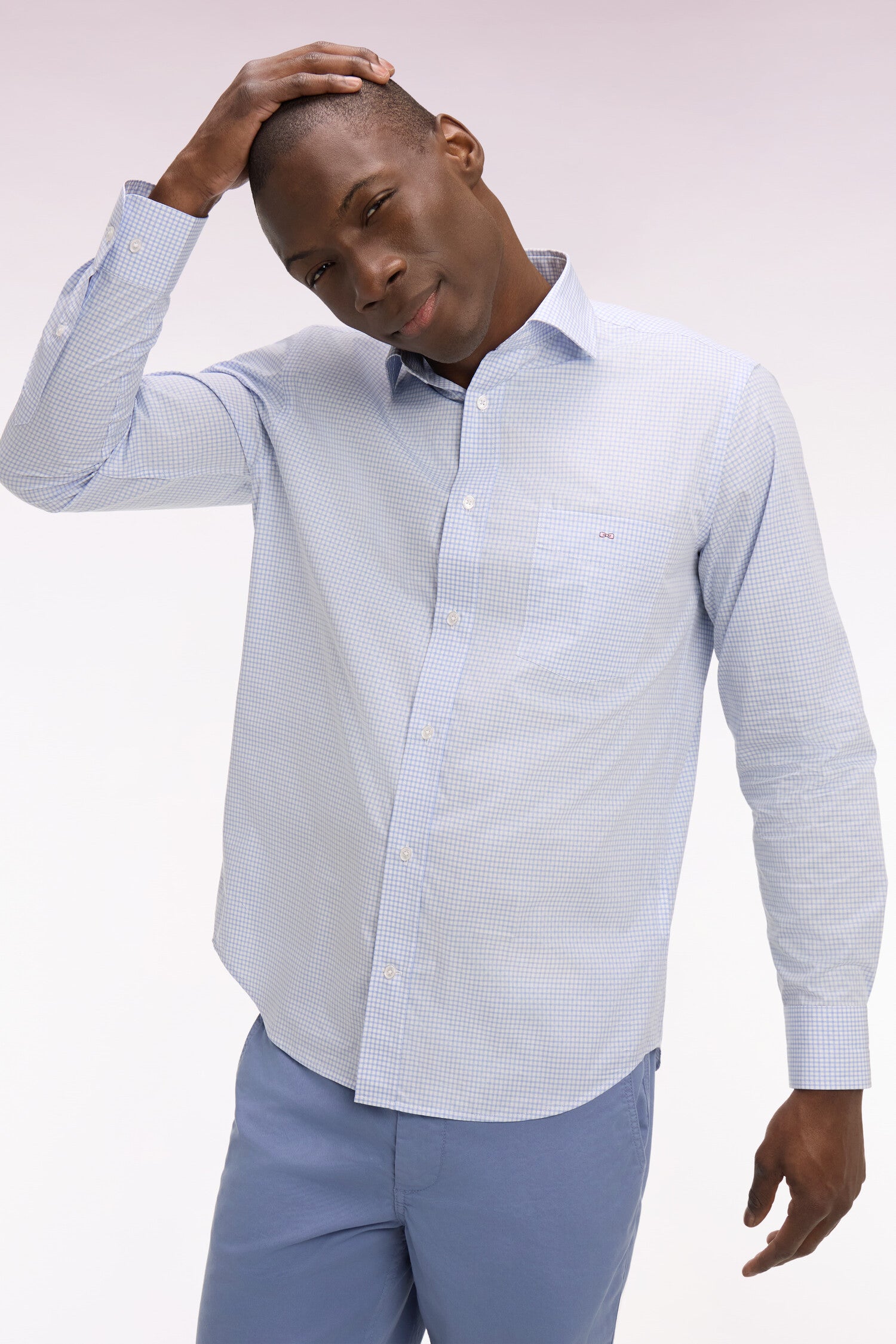 Chemise en coton dobby à carreaux ciel coupe regular