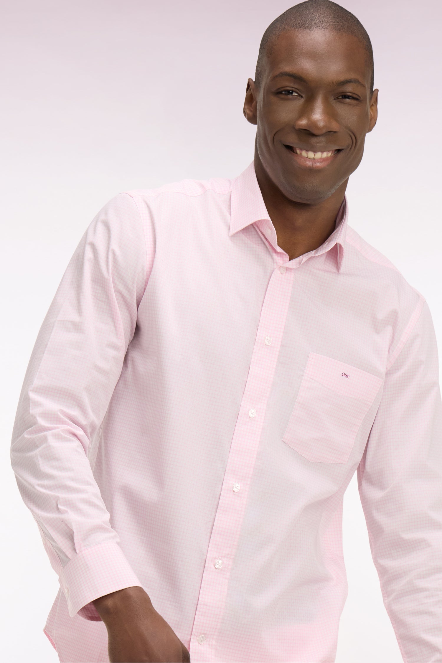 Chemise en coton dobby à carreaux rose coupe regular