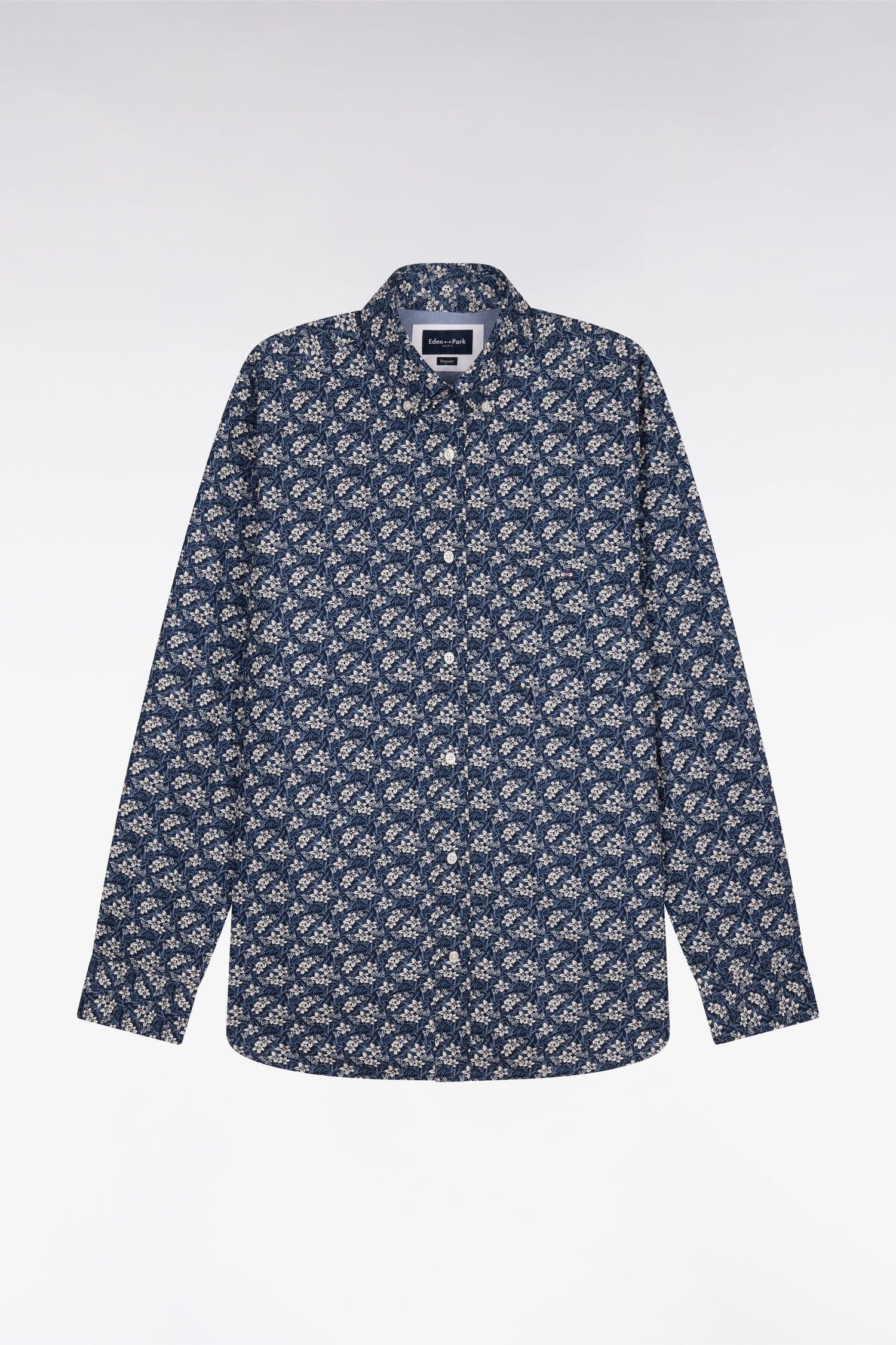 Chemise en popeline de coton bleu à motif floral coupe regular