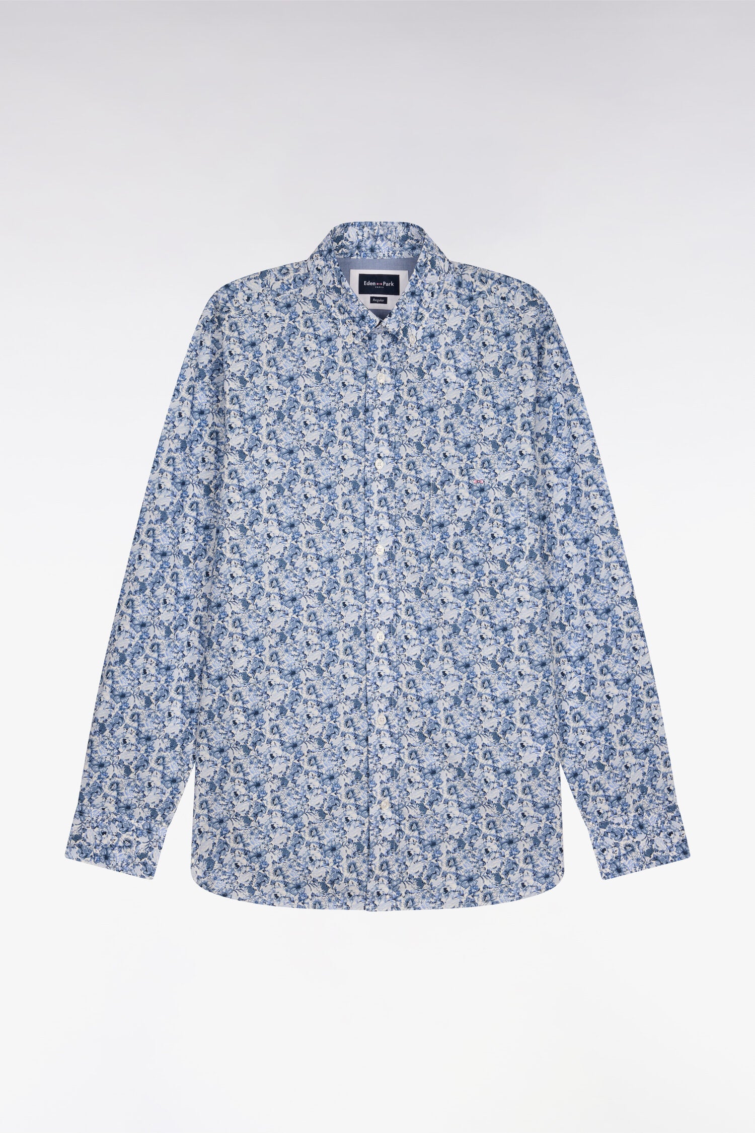 Chemise en popeline de coton bleu à motif floral