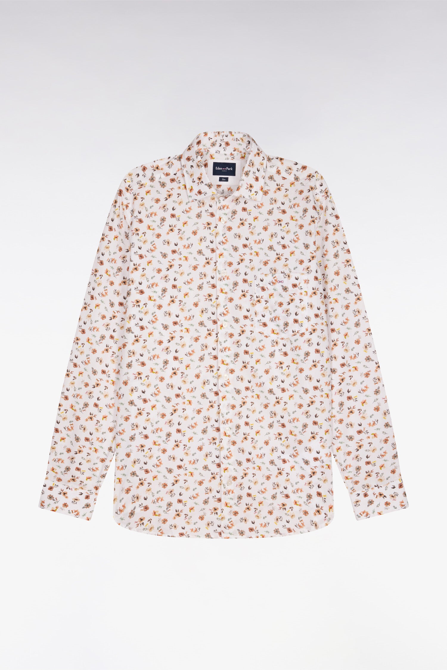 Chemise en popeline de coton imprimé floral orange coupe slim