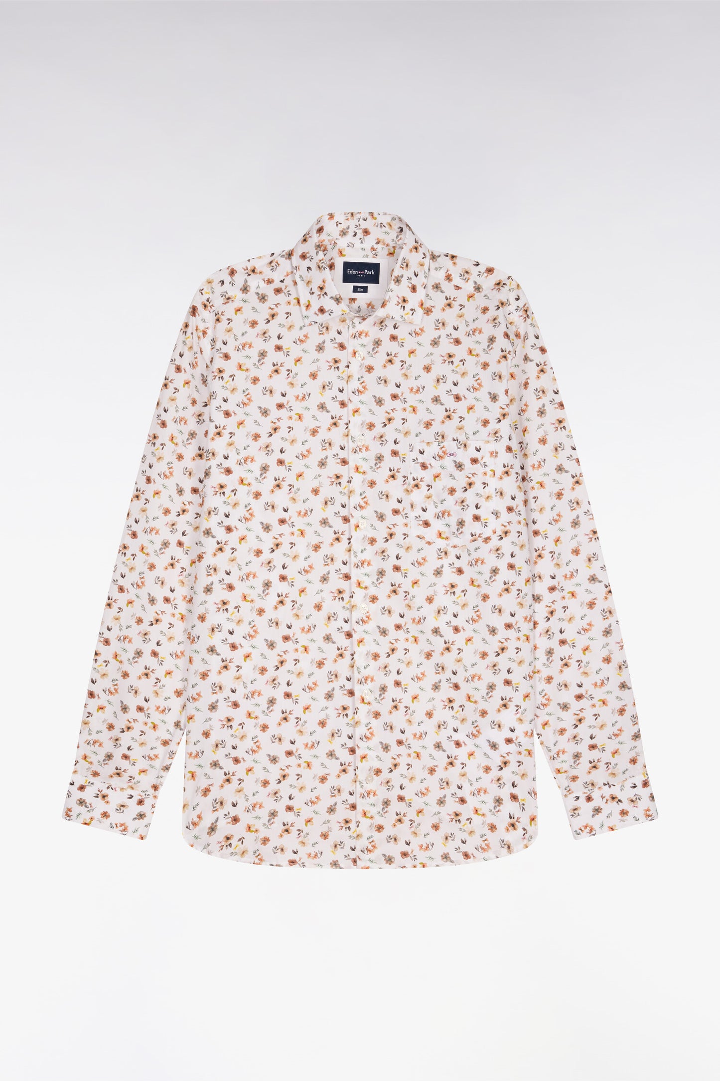 Chemise en popeline de coton imprimé floral orange coupe slim