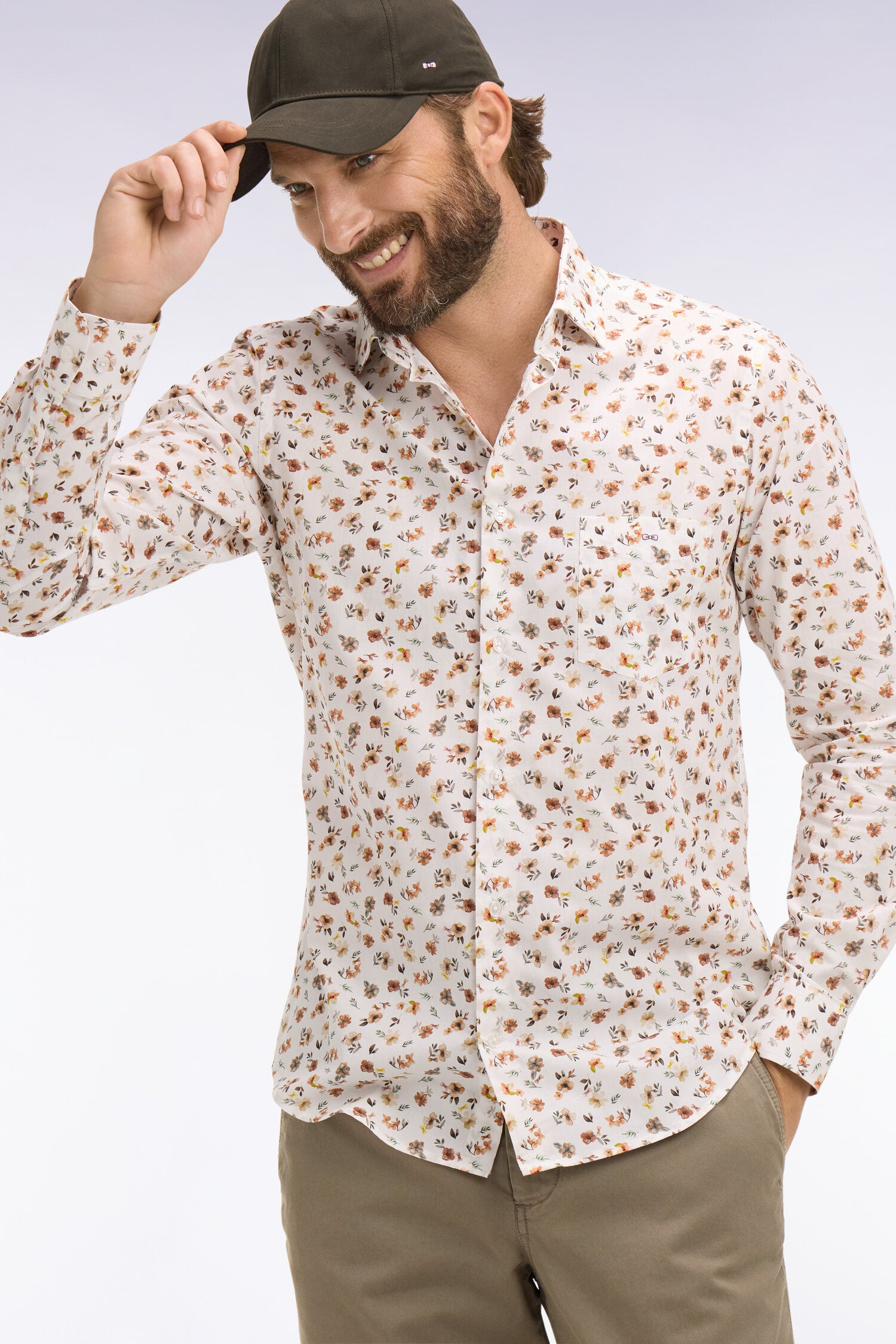 Chemise en popeline de coton imprimé floral orange coupe slim