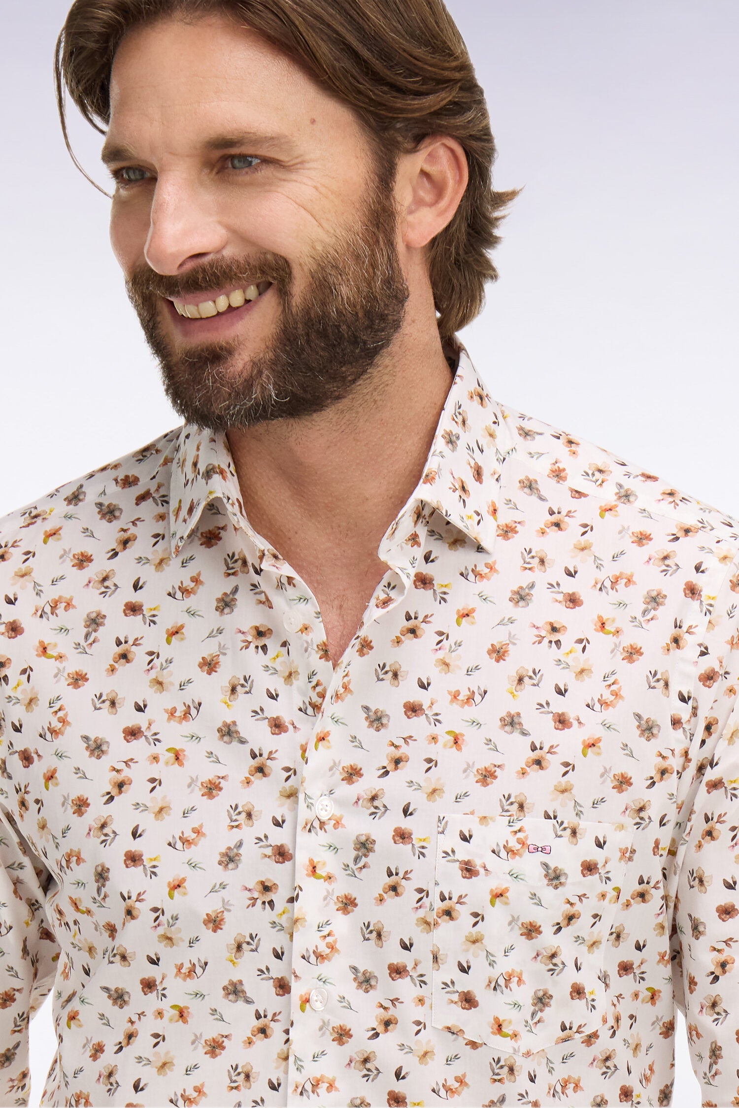 Chemise en popeline de coton imprimé floral orange coupe slim