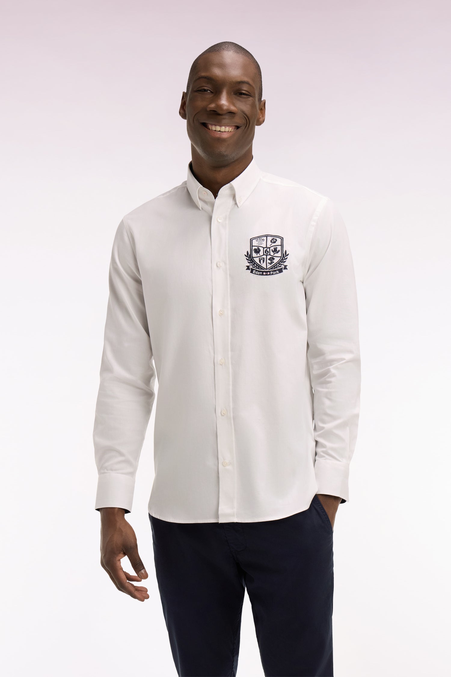 Chemise en coton pinpoint blanc broderie blason 6 Nations