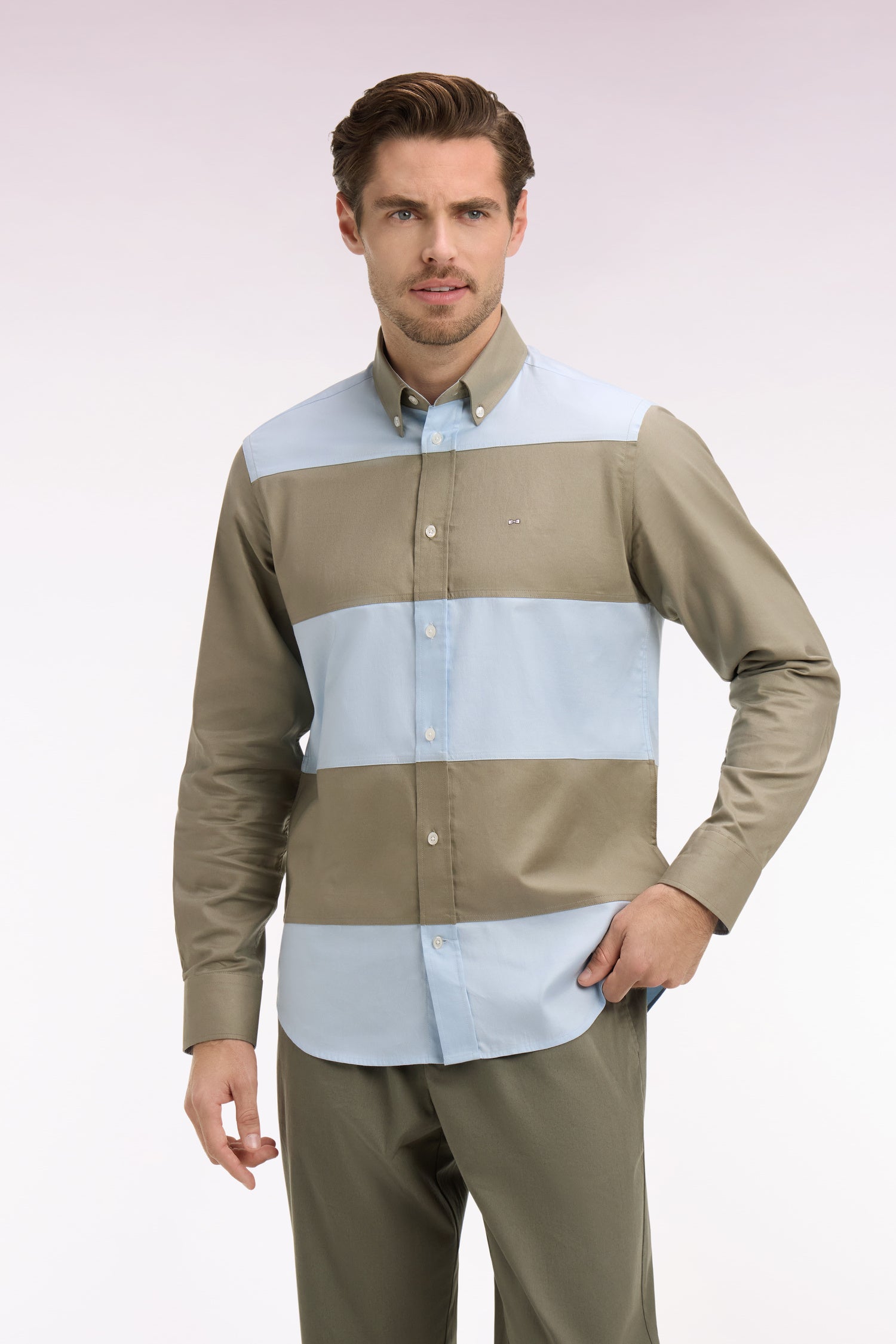 Chemise en coton à rayures rugby beige et ciel coupe regular