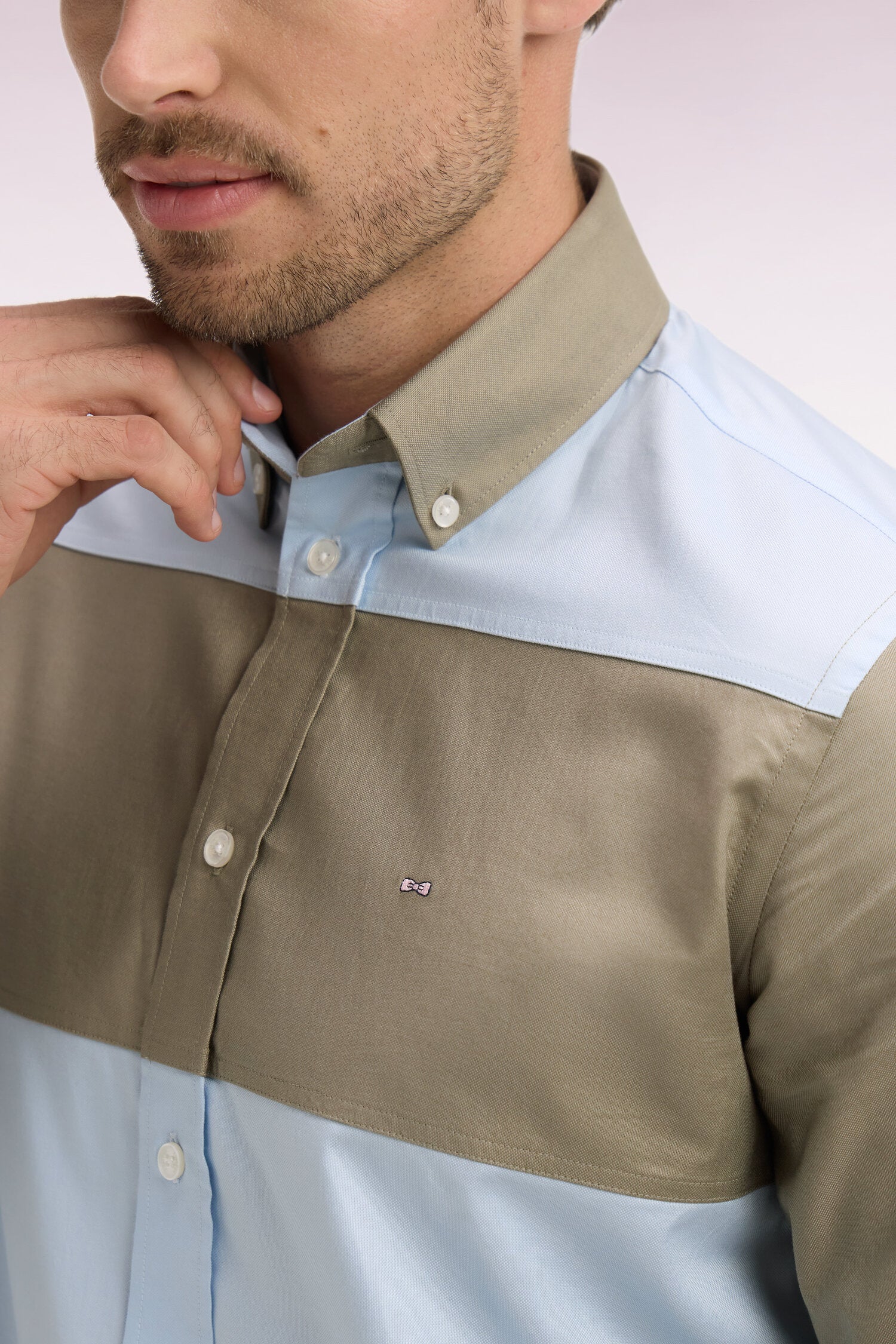 Chemise en coton à rayures rugby beige et ciel coupe regular