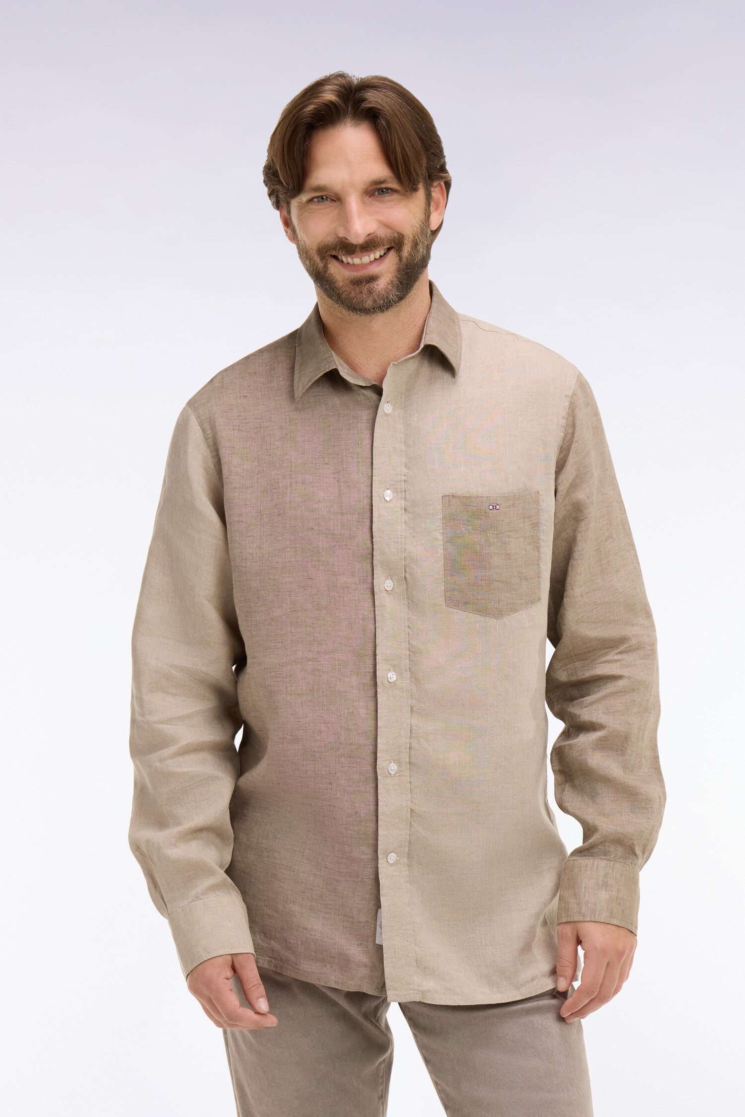 Chemise en lin bicolore beige coupe regular