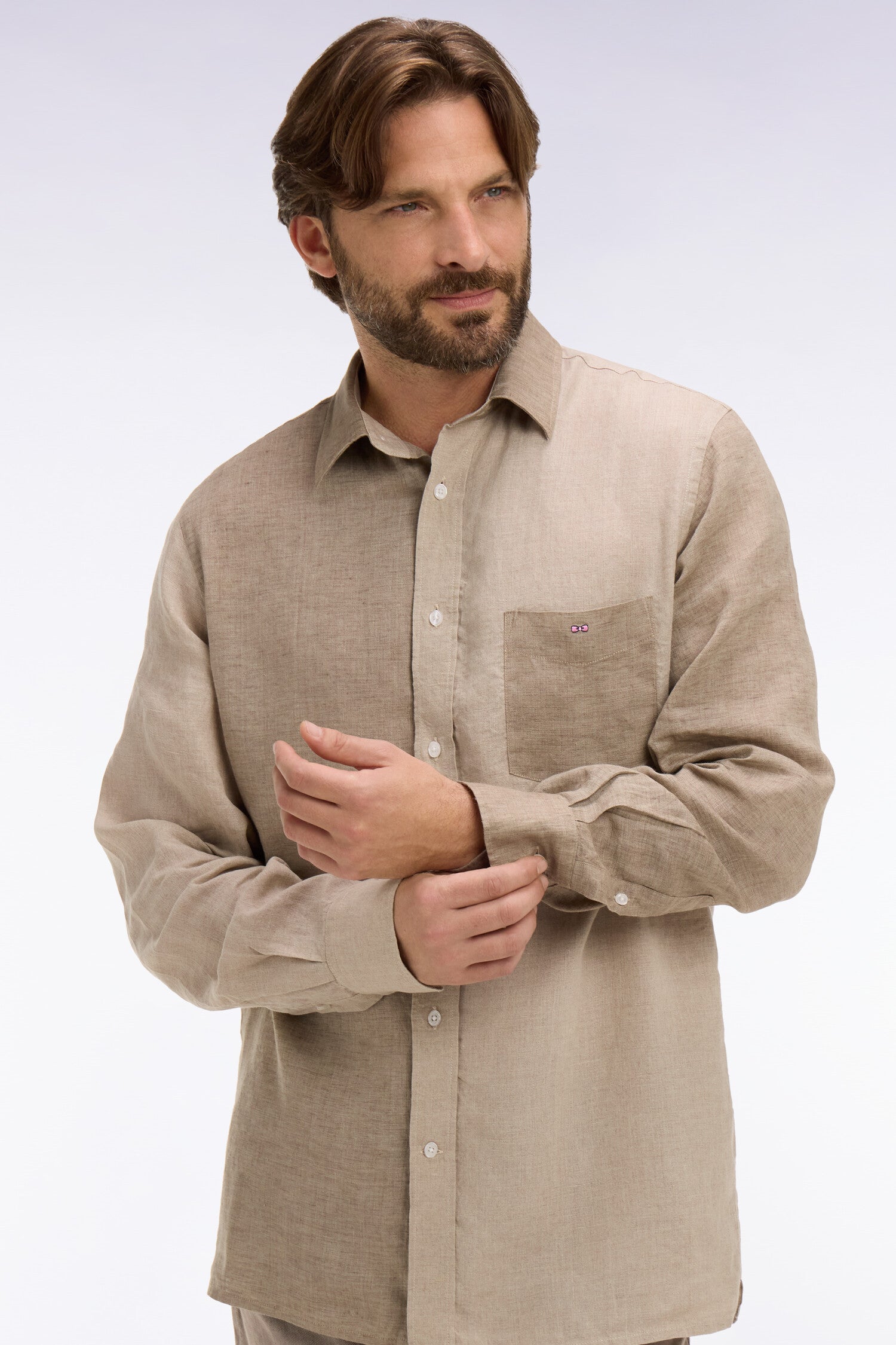 Chemise en lin bicolore beige coupe regular
