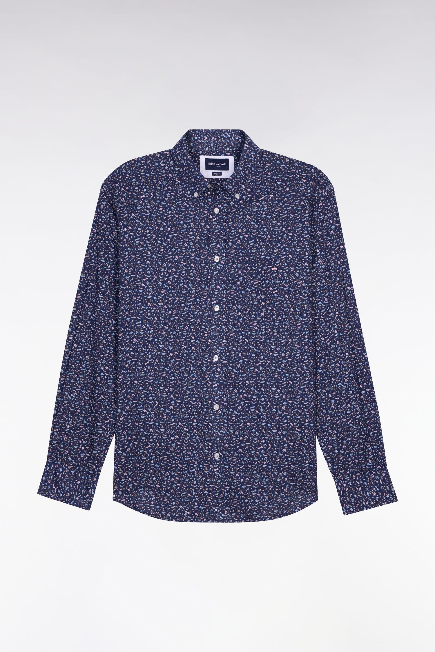 Chemise en popeline de coton marine à microimprimé floral coupe regular