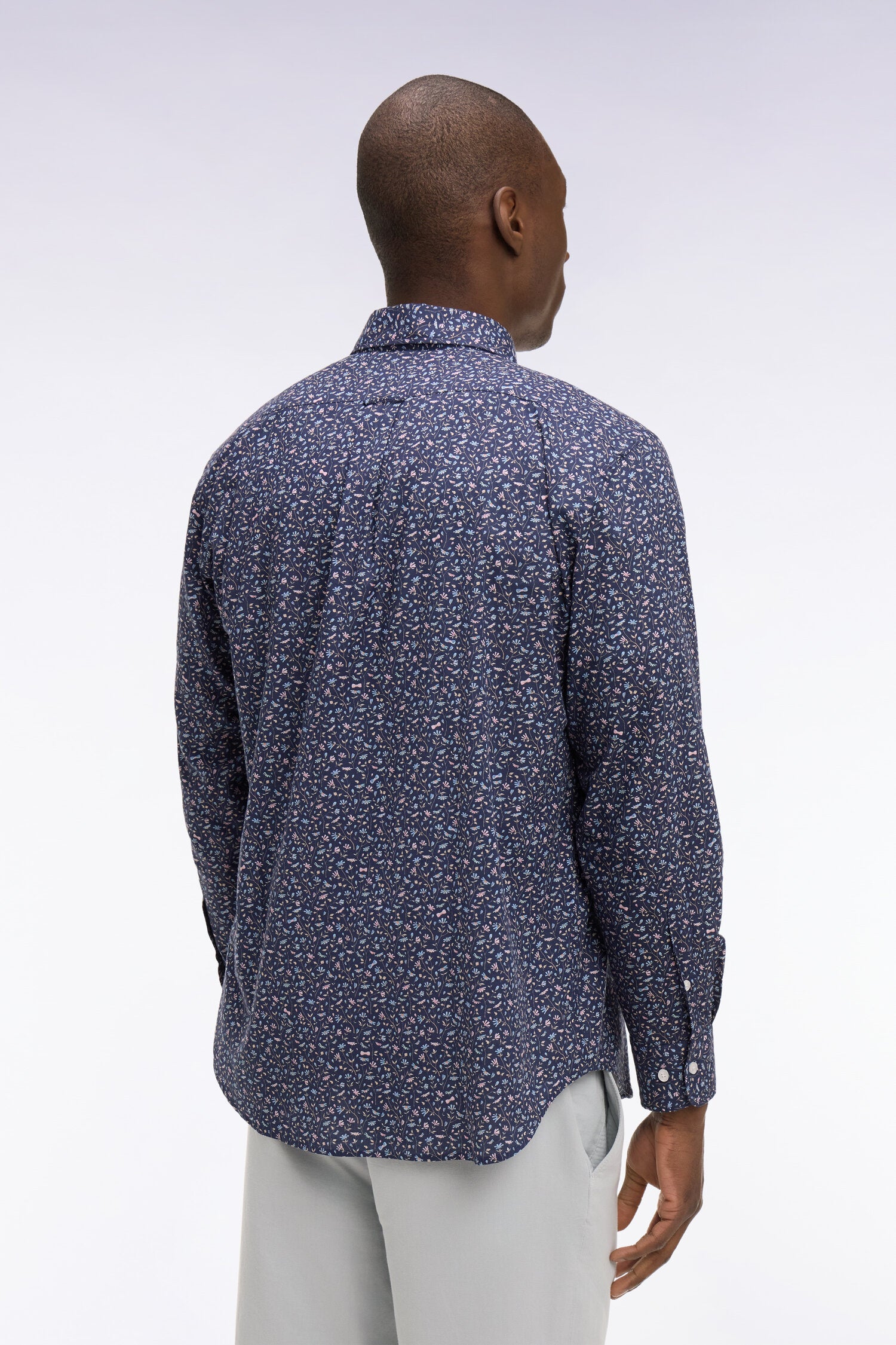 Chemise en popeline de coton marine à microimprimé floral coupe regular