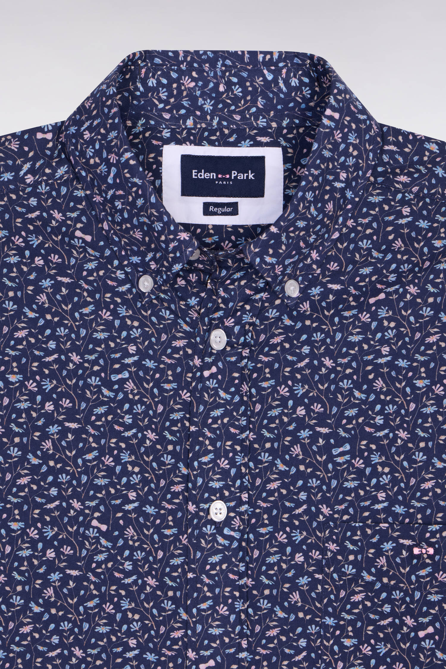 Chemise en popeline de coton marine à microimprimé floral coupe regular