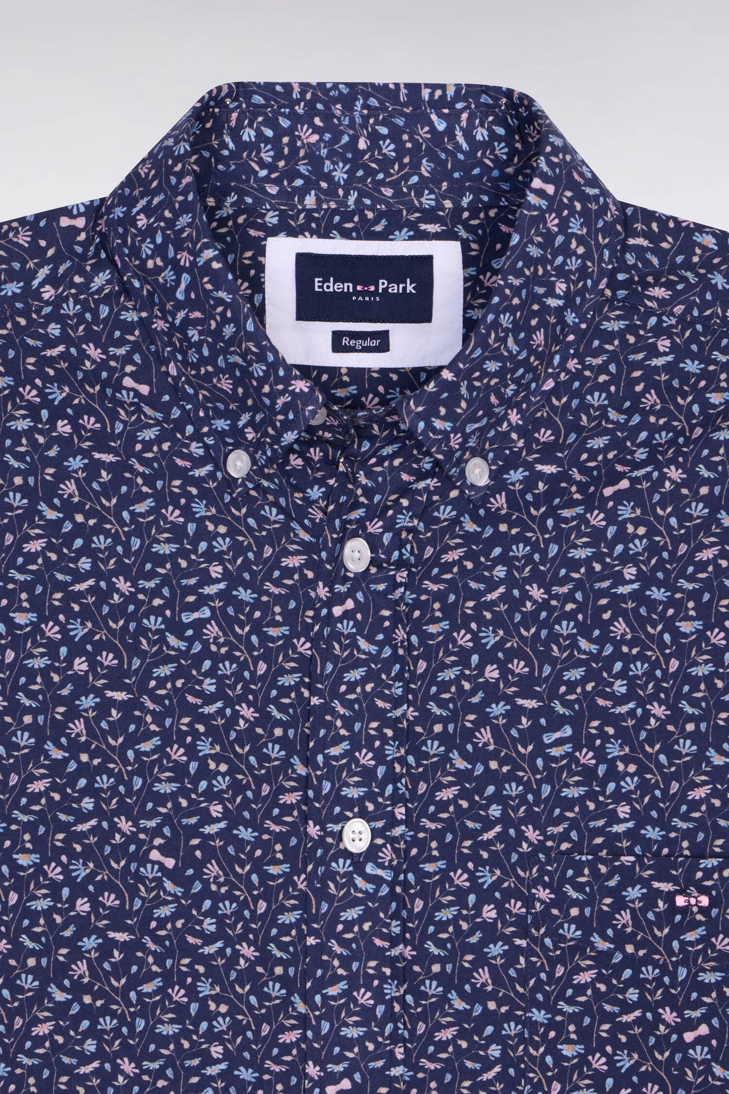 Chemise en popeline de coton marine à microimprimé floral coupe regular
