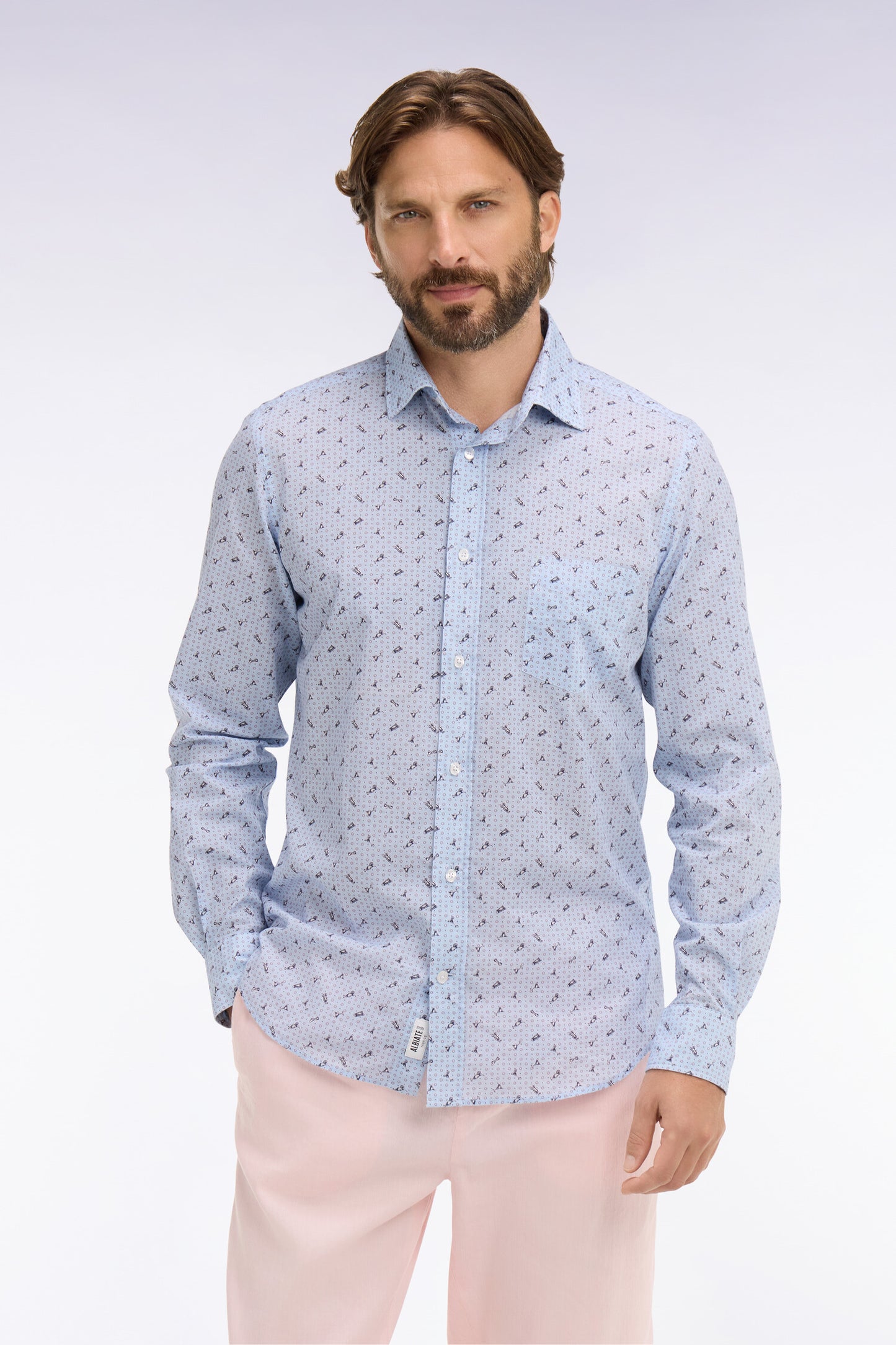 Chemise en popeline de coton bleu ciel à micromotifs coupe slim
