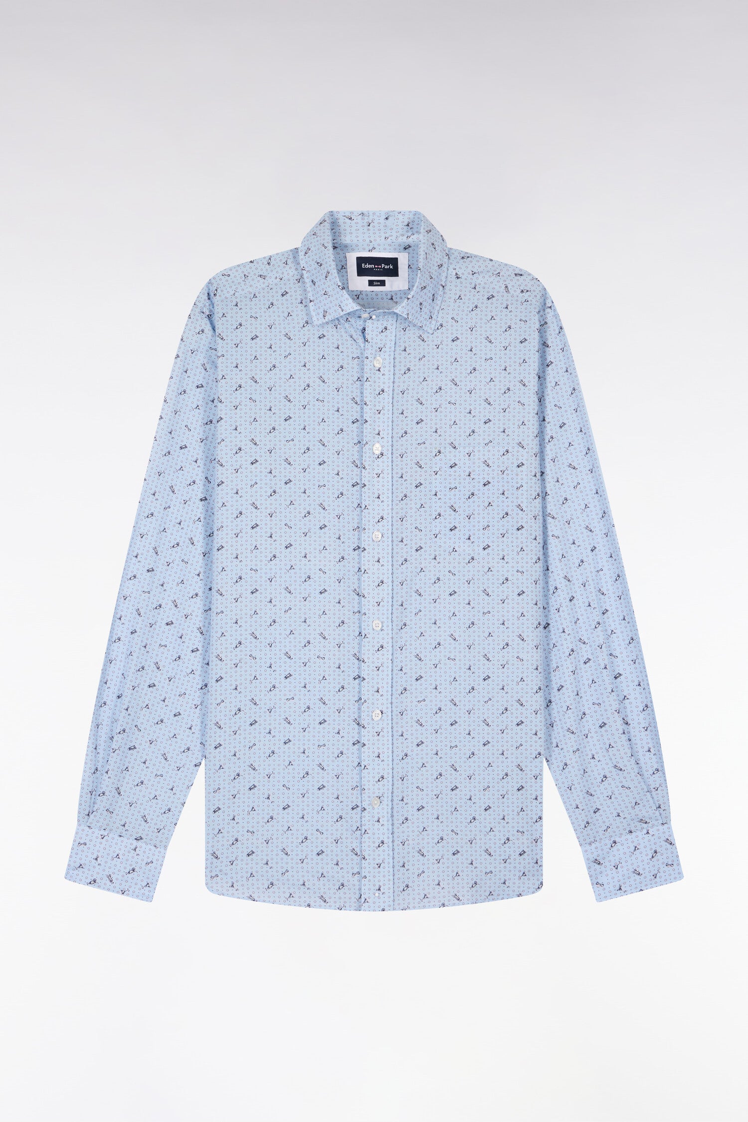 Chemise en popeline de coton bleu ciel à micromotifs coupe slim