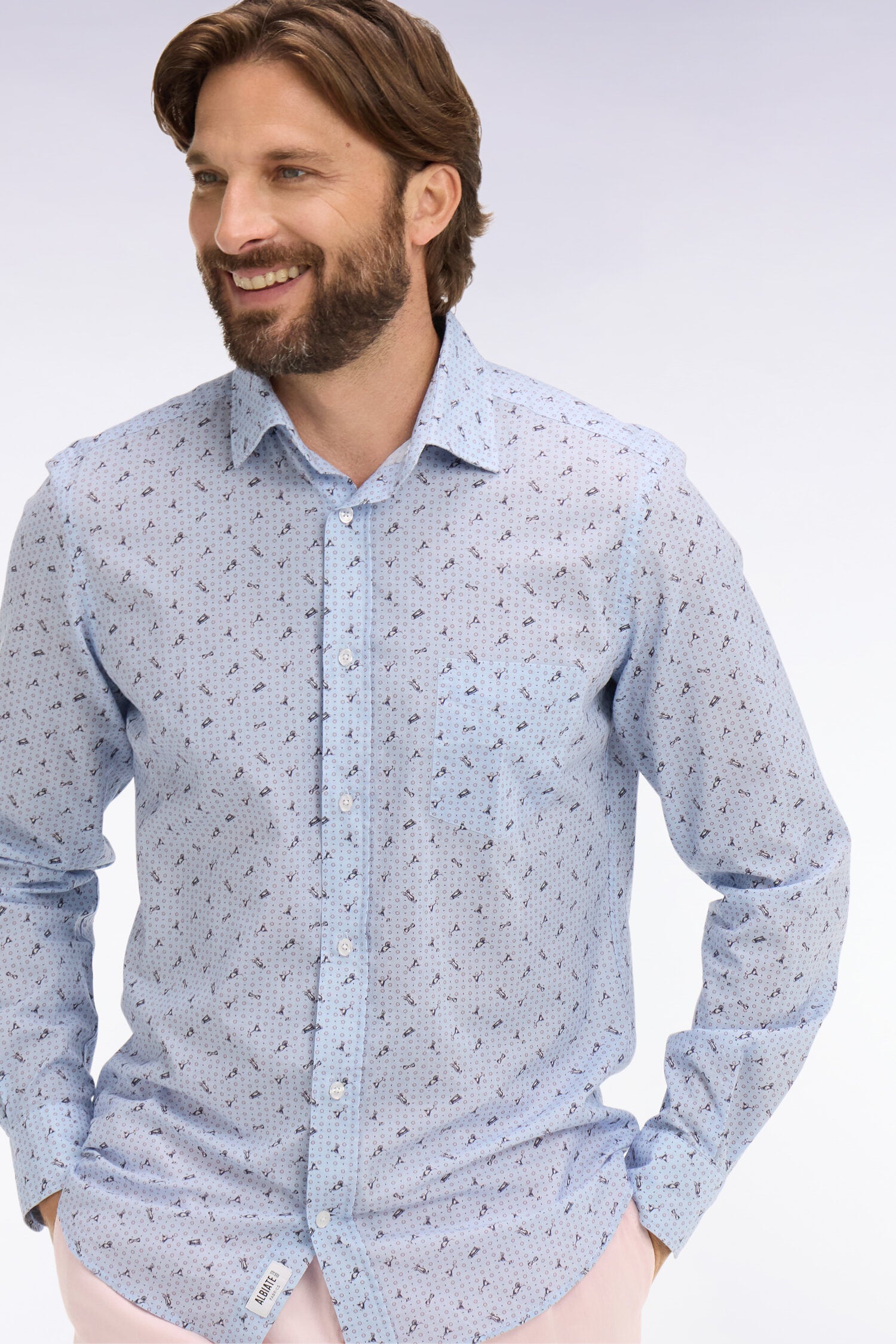 camisa en popelina de algodón azul cielo con micromotivos corte slim