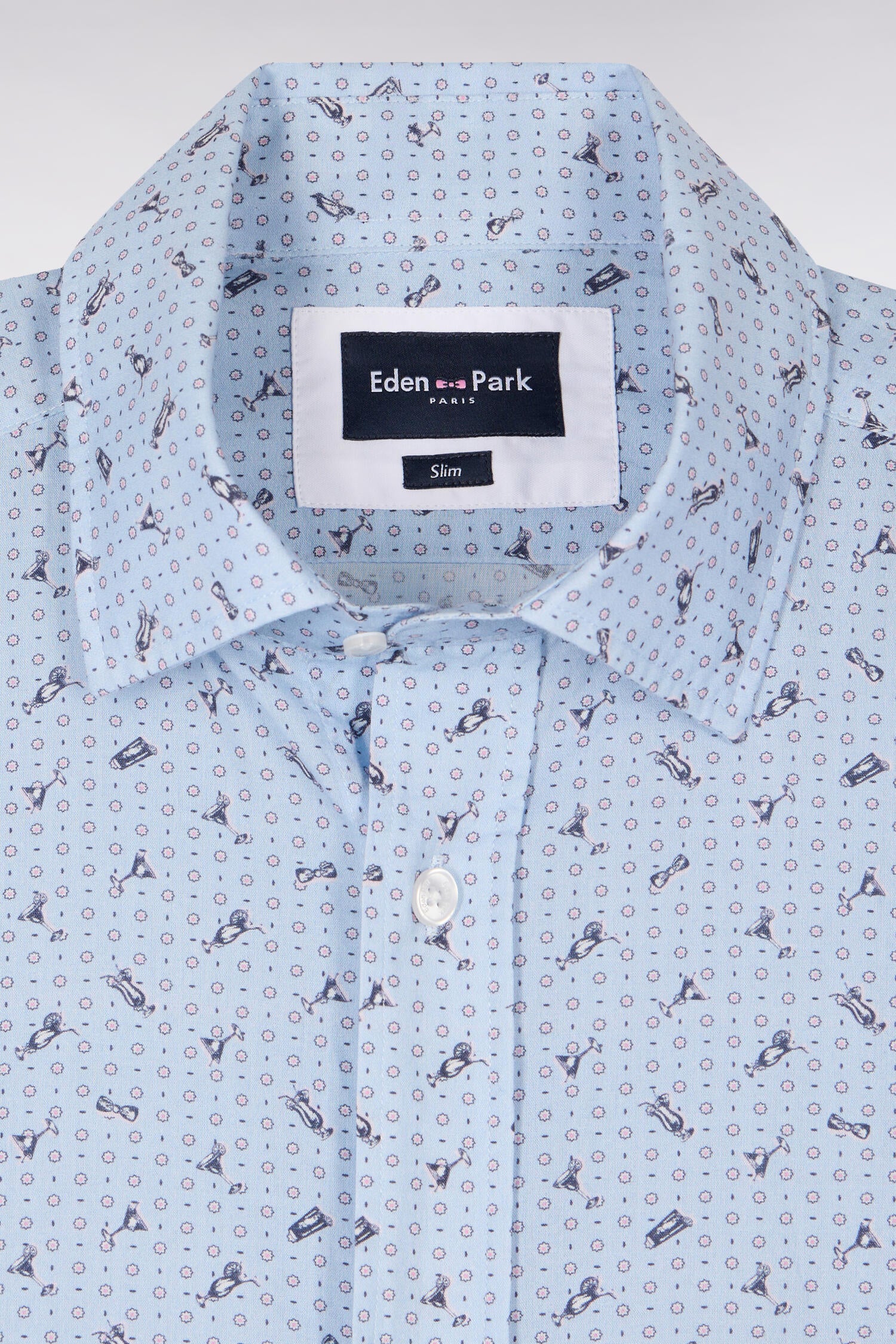 Chemise en popeline de coton bleu ciel à micromotifs coupe slim