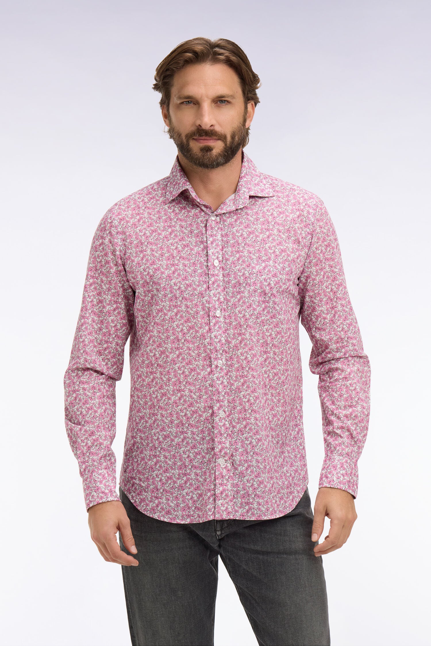 Chemise en popeline de coton rose à micromotifs floral coupe slim