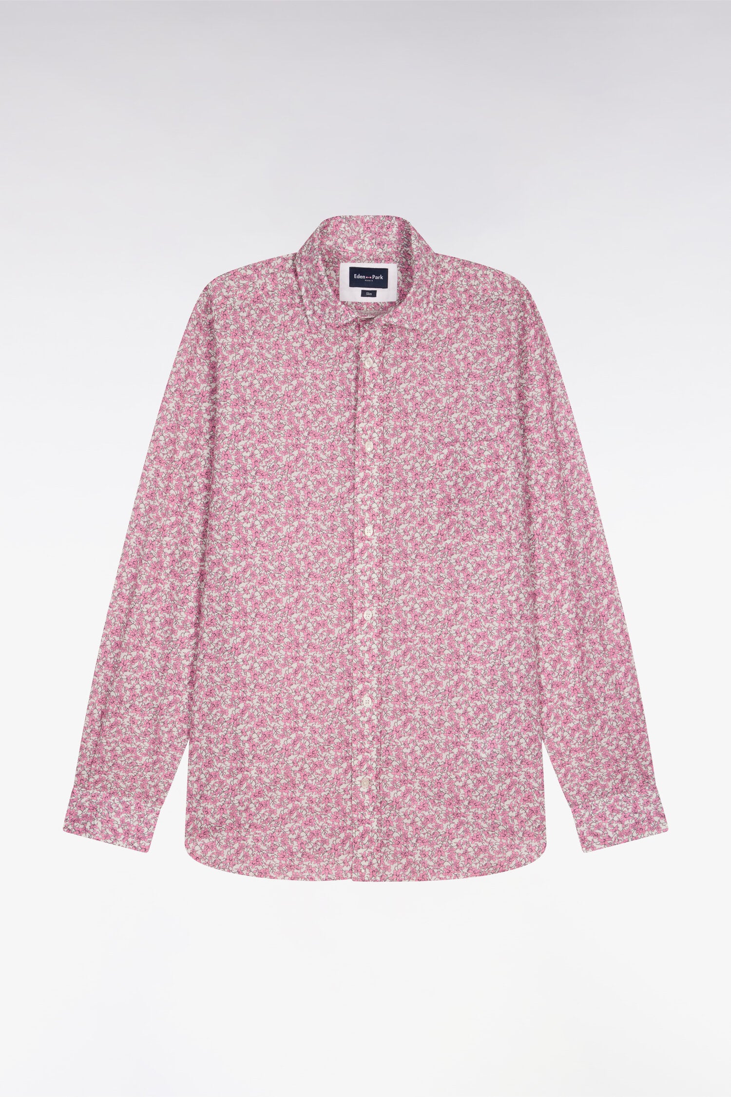 Chemise en popeline de coton rose à micromotifs floral coupe slim