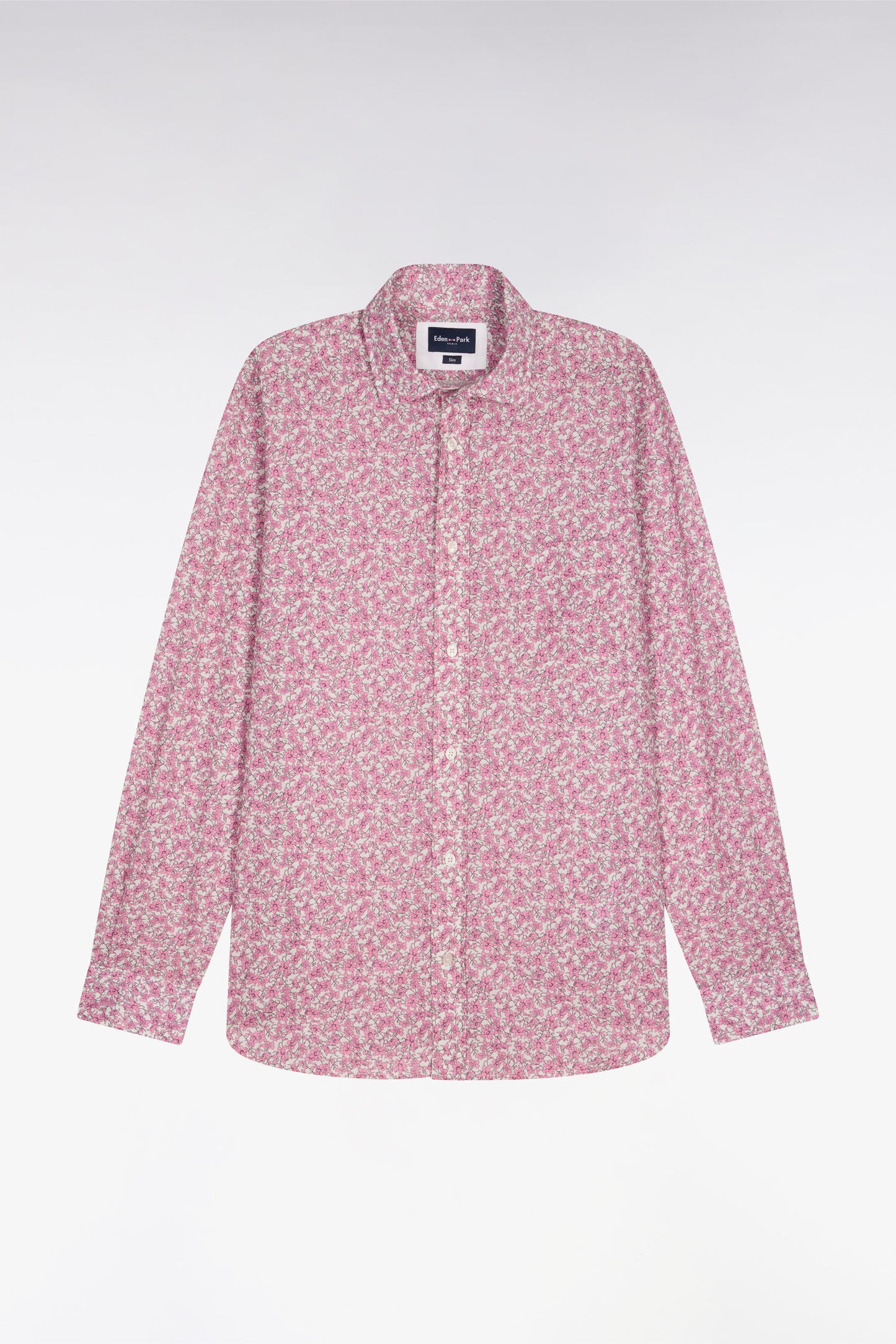 Chemise en popeline de coton rose à micromotifs floral coupe slim